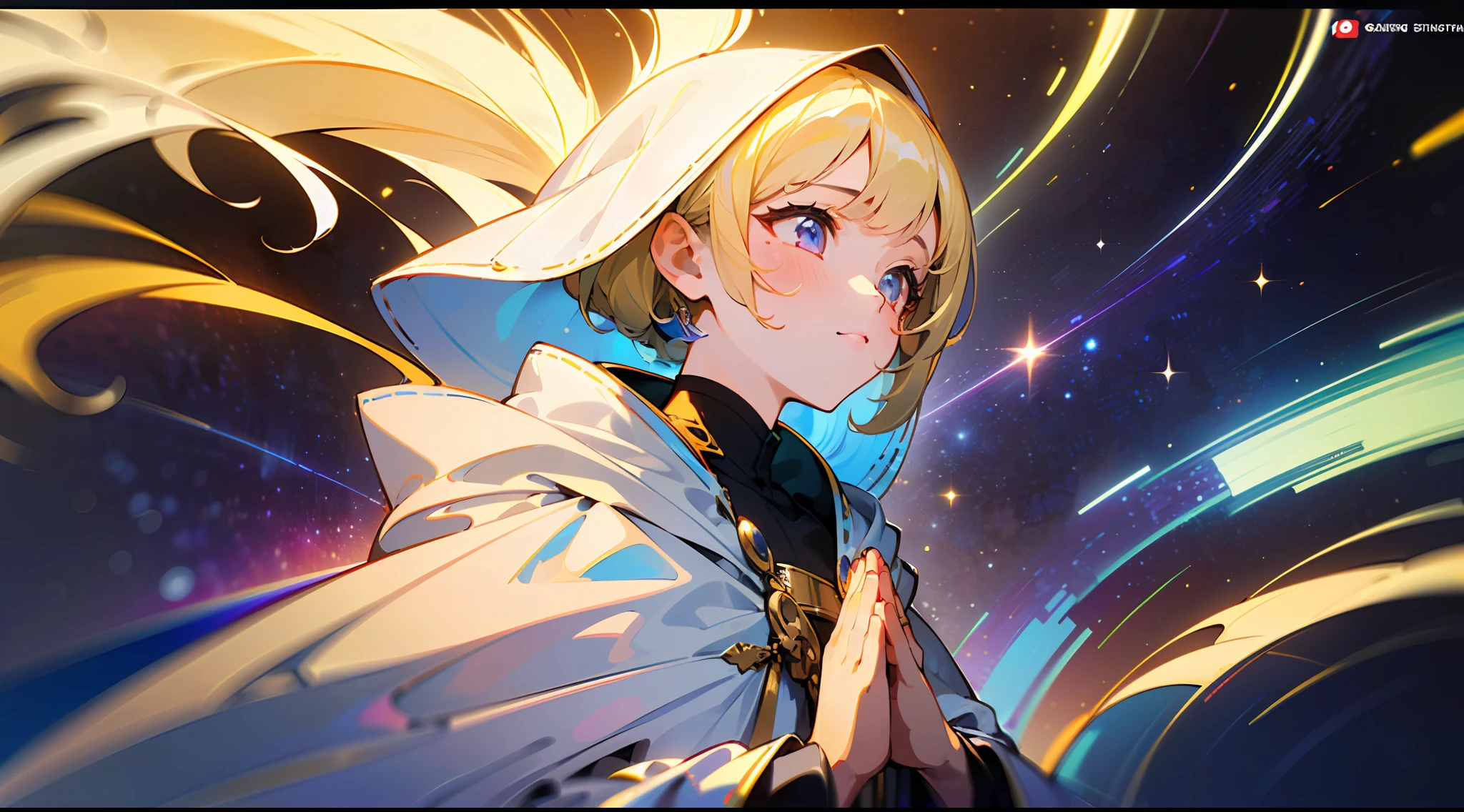 (masterpiece, top quality, best quality, official art, beautiful and aesthetic:1.2), (1girl), extreme detailed, (fractal art:1.3), colorful, highest detailed, perfect face, upper body, HDR, (praying:1.3), (white cloak golden lines:1.2), galaxy, (light streaks), striking visuals, (dynamic streaks, luminous trails:1.2), vibrant colors,