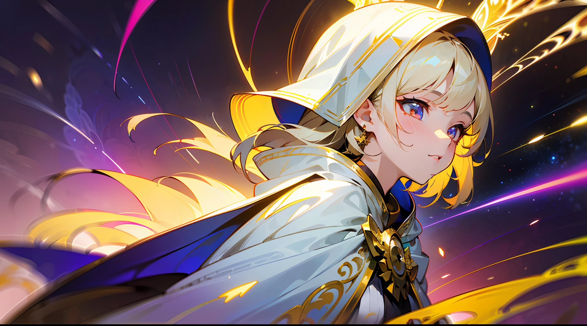 (masterpiece, top quality, best quality, official art, beautiful and aesthetic:1.2), (1girl), extreme detailed, (fractal art:1.3), colorful, highest detailed, perfect face, upper body, HDR, (praying:1.3), (white cloak golden lines:1.2), galaxy, (light streaks), striking visuals, (dynamic streaks, luminous trails:1.2), vibrant colors,