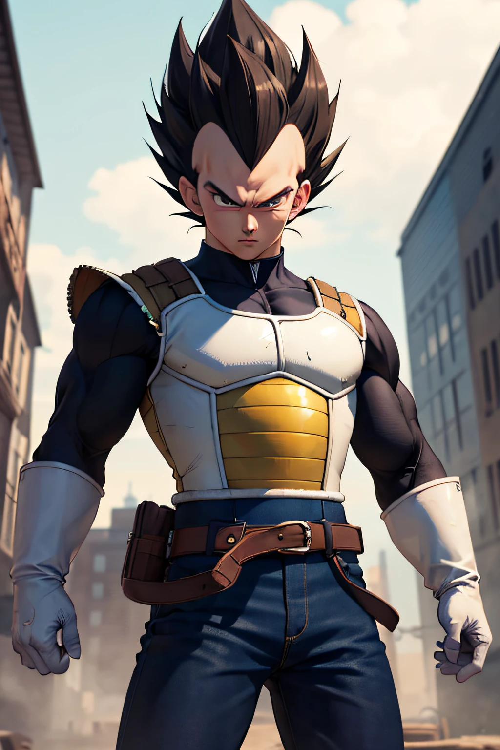 (masterpiece, best quality:1.2), cowboy shot, solo, male focus, 1boy, vegeta, serious, looking at viewer, black spiked hair, black eyes, armor, white gloves