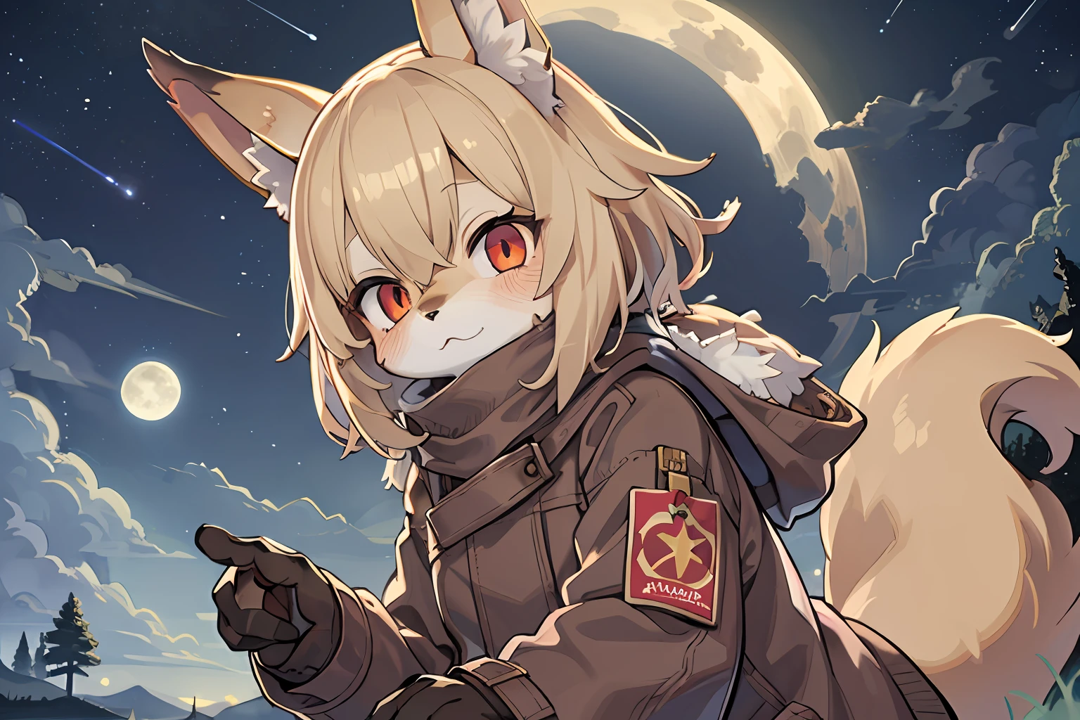 Fox Boy，Shota，hairy pubic，shaggy，Smoothes lashes，Skin fur，Golden fur，Short hair in men，Forelimb hands， solid circle eyes，Golden ears，Golden face fur , Short blonde hair，Red eyes，Super cute face，Brown elements on fur，Brown coat brown hood up，Star pattern T，Glowing eyes，Ambient light，Ultra-fine fur，volumettic light，Night,natural  lightting，fox tails，A tail，nevando，Night，A sky full of stars，meteors，full moon，By the lake，crossed bangs, Hairline, Shiny hair，Empty eyes，35mm，sharp talons。High quality, high detal, Best quality, hyper HD， Dark brown gloves，Star pattern scarf，individual，Single