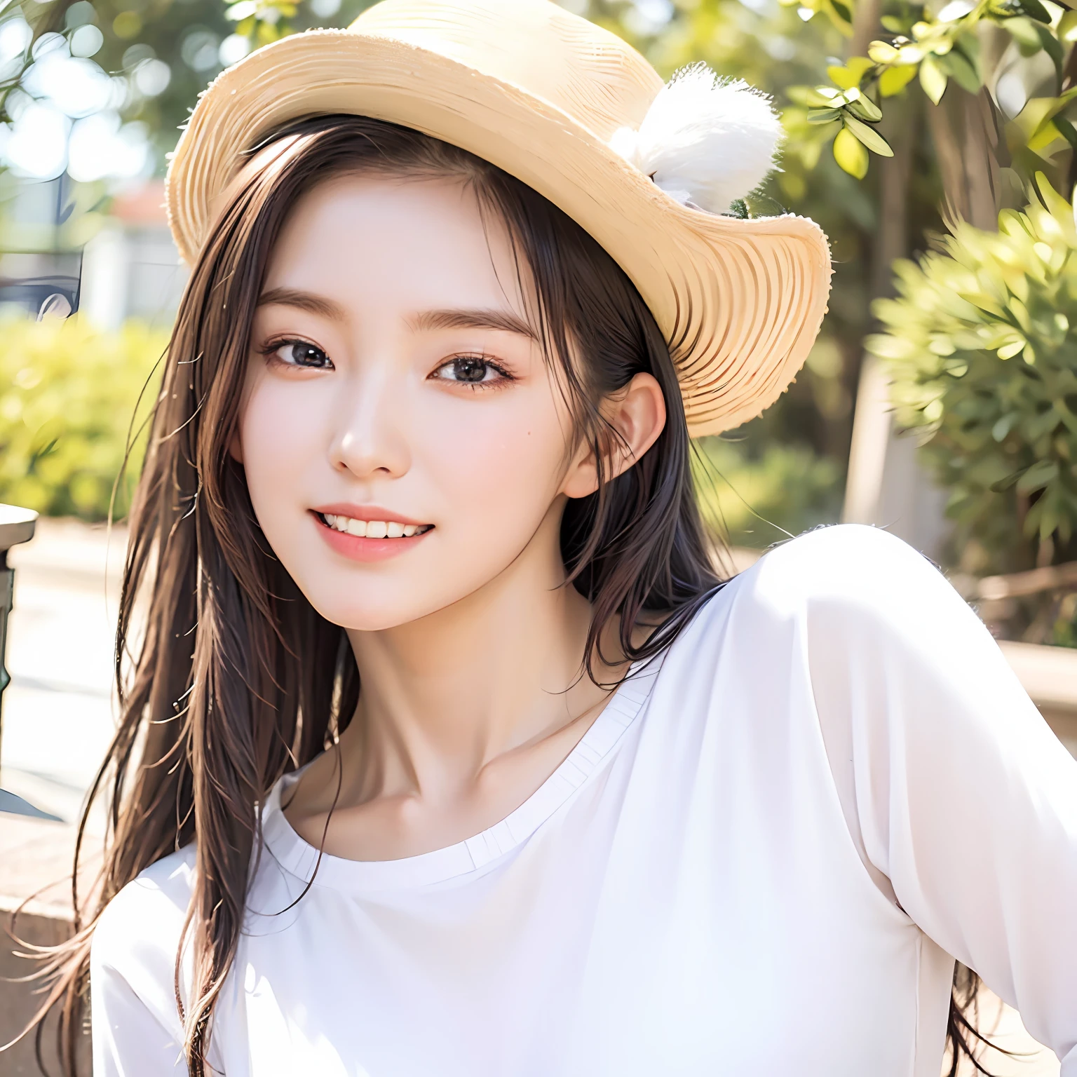 Very detailed eyes,very vey very detailed face,Best quality at best,Masterpiece,The is very detailed,ultra - detailed,(realisticlying,photographrealistic:1.3),ssmile,(facing the front there),looking at viewert,white shirt,Sunnyday,exteriors,1girl upper body,middle breasts,Good light,Dark hair,teens girl