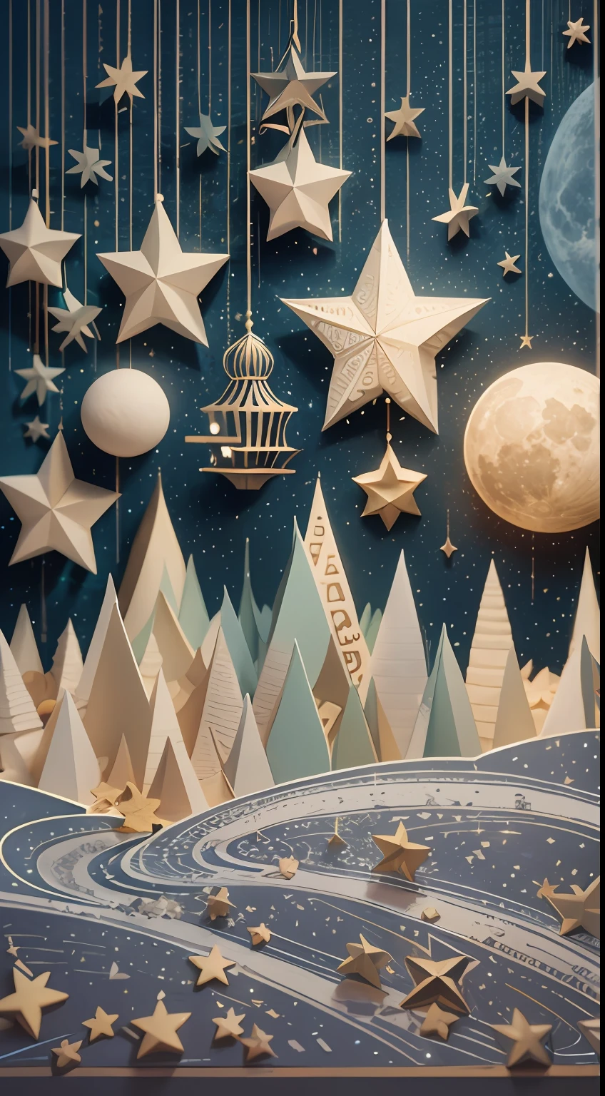 illustration: 1.3), 3D rendering of paper art, Stars moon background, Colorful, Best quality, Detailed details, Masterpiece, offcial art, movie light effect, 4K, Chiaroscuro , Flash