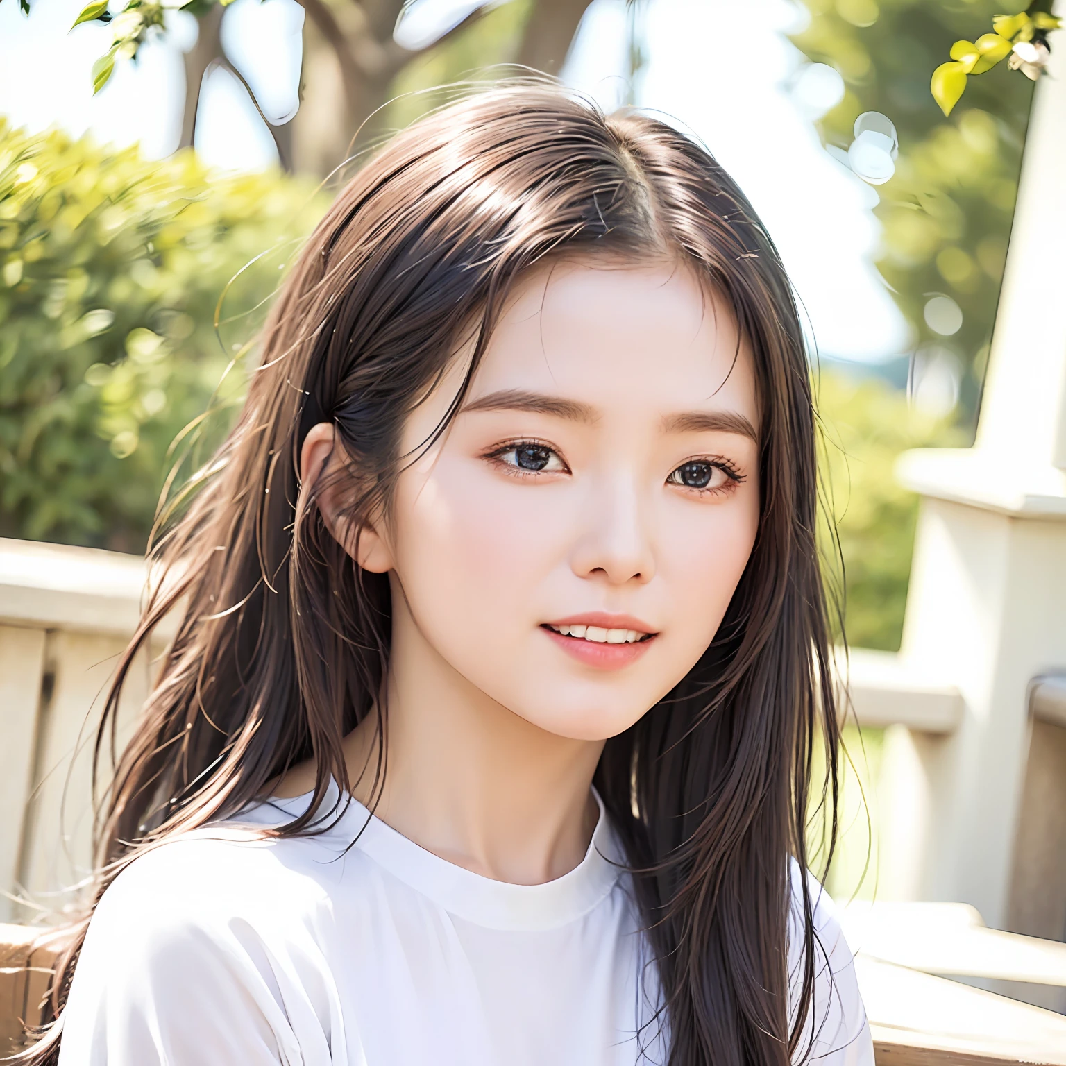 Very detailed eyes,very vey very detailed face,Best quality at best,Masterpiece,The is very detailed,ultra - detailed,(realisticlying,photographrealistic:1.3),ssmile,(facing the front there),looking at viewert,white shirt,Sunnyday,exteriors,1girl upper body,middle breasts,Good light,Dark hair,teens girl