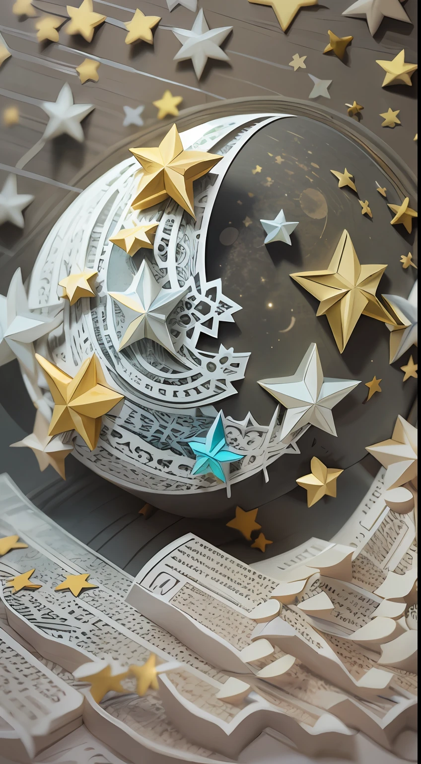 illustration: 1.3), 3D rendering of paper art, Stars moon background, Colorful, Best quality, Detailed details, Masterpiece, offcial art, movie light effect, 4K, Chiaroscuro , Flash