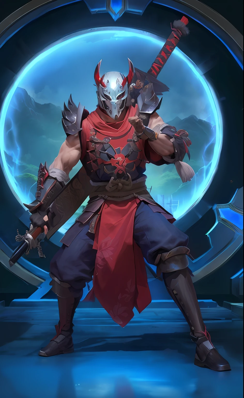 A samurai wearing a demon mask，Blade in hand。