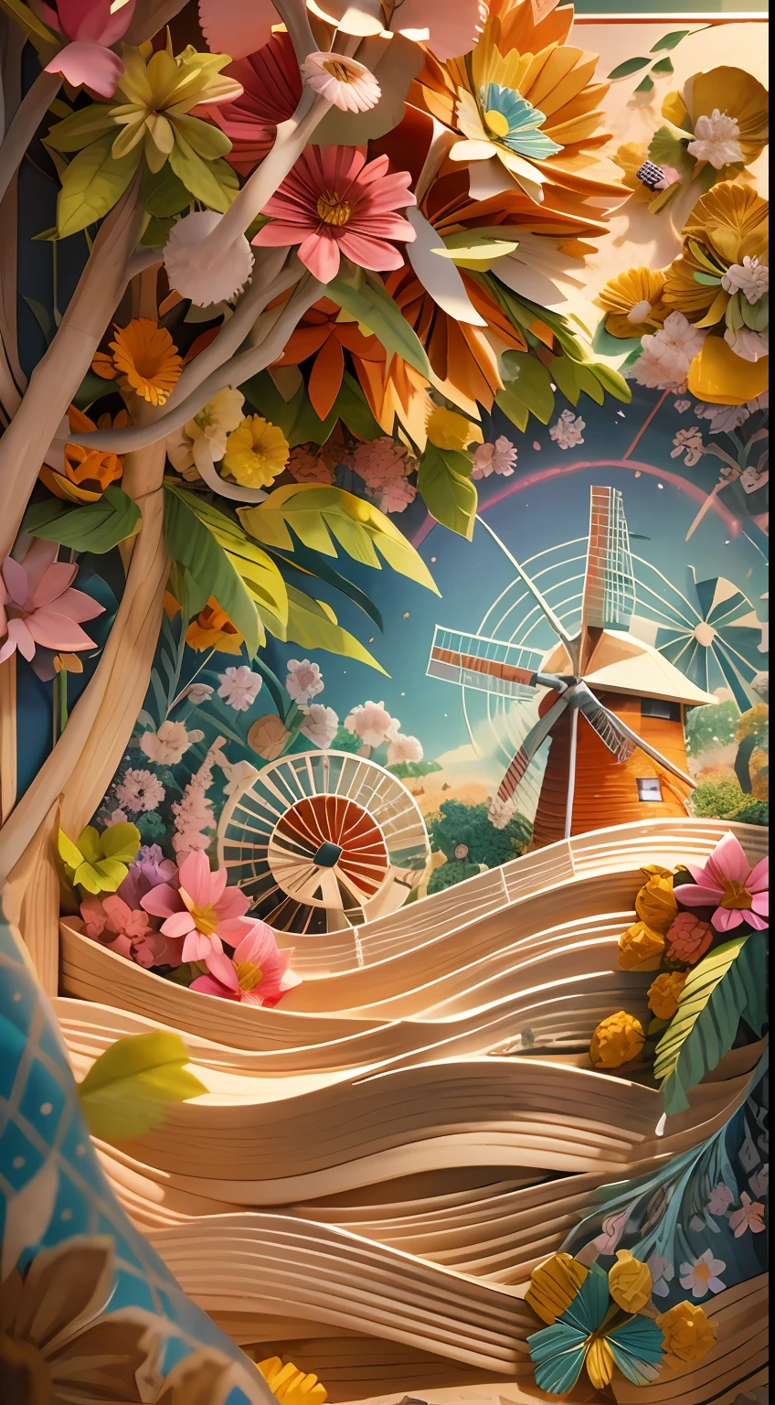 illustration: 1.3), 3D rendering of paper art, Tano,windmills ,Trees, sunsets, flowers, colorful, Best quality, Detailed details, Masterpiece, offcial art, movie light effect, 4K, Chiaroscuro , Flash