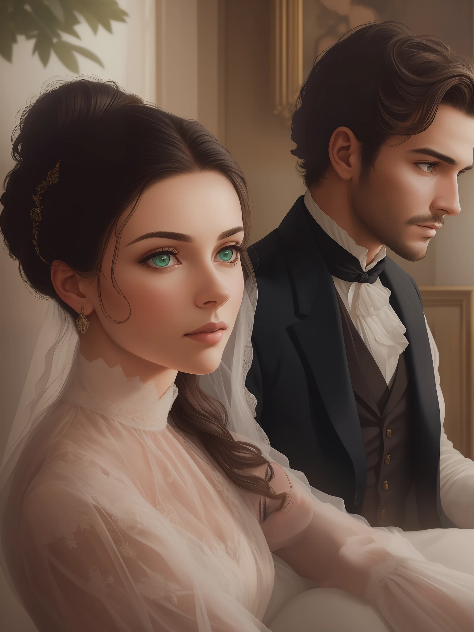 Masterpiece, best quality, RAW, analog style, A stunning portrait of a couple deeply in love in a grand English countryside mansion in the year 1850. The man is Richard, a tall, strong, and tanned handsome with short brown wavy messy hair, brown eyes, and is around 30 years old. The woman is Julianne, a delicate girl with black straight hair styled in a bun, dark green eyes, and full lips, around 19 years old, scarlett ohara perfectly detailed facial traits. Create a masterpiece realistic illustration with intricate details capturing their reciprocal love. Use clothes appropriate for the time period, and ensure the artwork is highly detailed. Please pay close attention to the details, such as the highlights and shadows on face and hair, to create a lifelike and realistic image. Experiment with different lighting techniques to enhance the mood and atmosphere of the portrait. The final product should be a masterpiece that captures the essence and beauty of the couple, ((highly detailed skin, skin details)), sharp focus, volumetric fog, 8k UHD, DSLR, high quality, film grain, Fujifilm XT3.