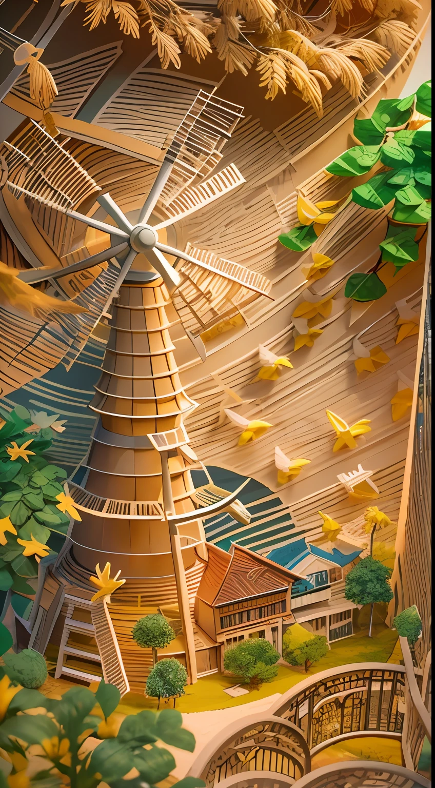 illustration: 1.3), 3D rendering of paper art, Tano,windmills ,Trees, sunsets, flowers, colorful, Best quality, Detailed details, Masterpiece, offcial art, movie light effect, 4K, Chiaroscuro , Flash