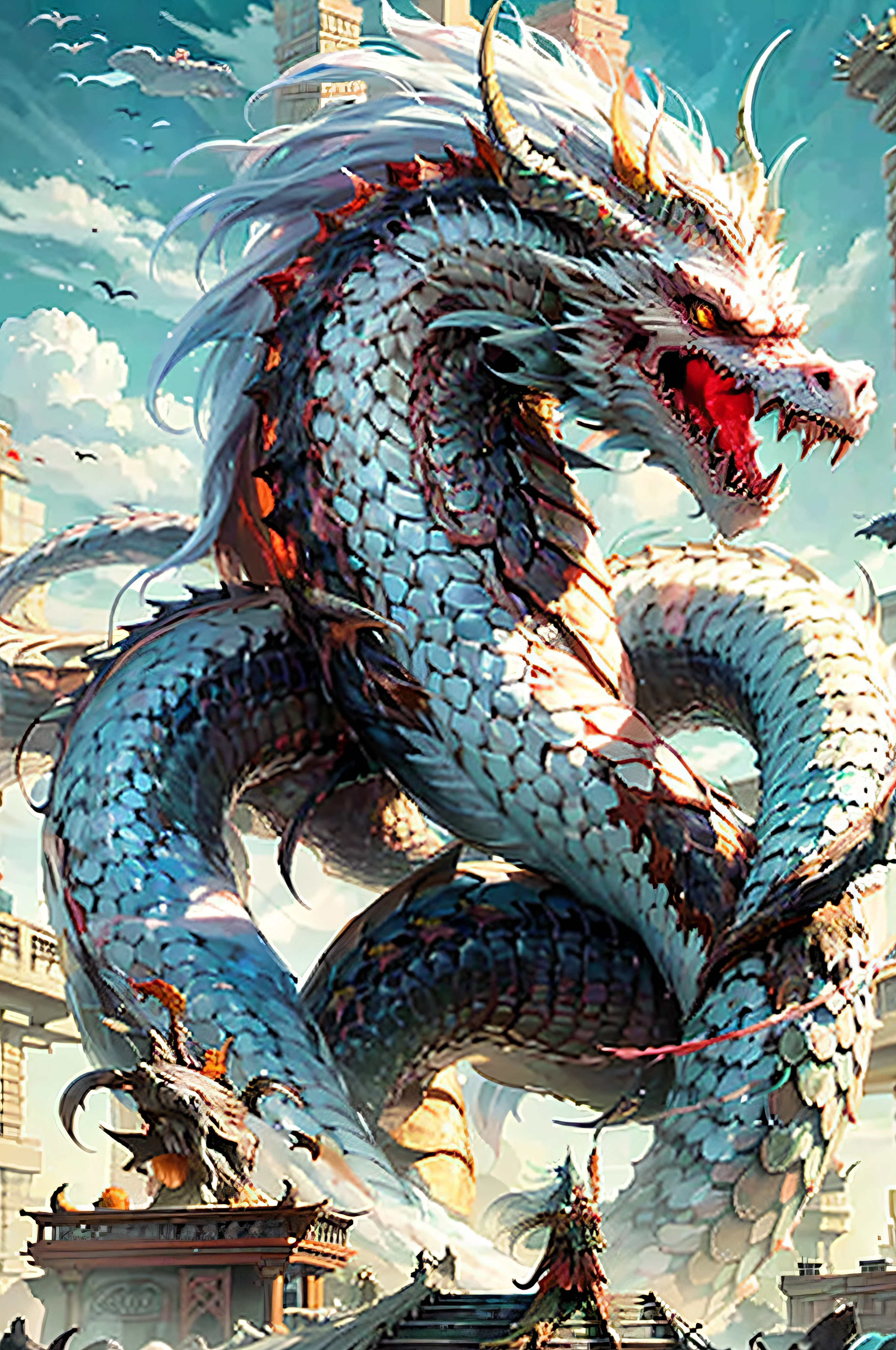 a painting of a dragon with a long tail and a long tail, jormungandr, dragon art, sea serpent, chinese dragon concept art, naga-tirr, majestic japanese dragon, hydra, dragon snake with wings, great mystical winged serpent, colossal dragon as background, oil painting of dragon, jörmungandr, dragon, loong