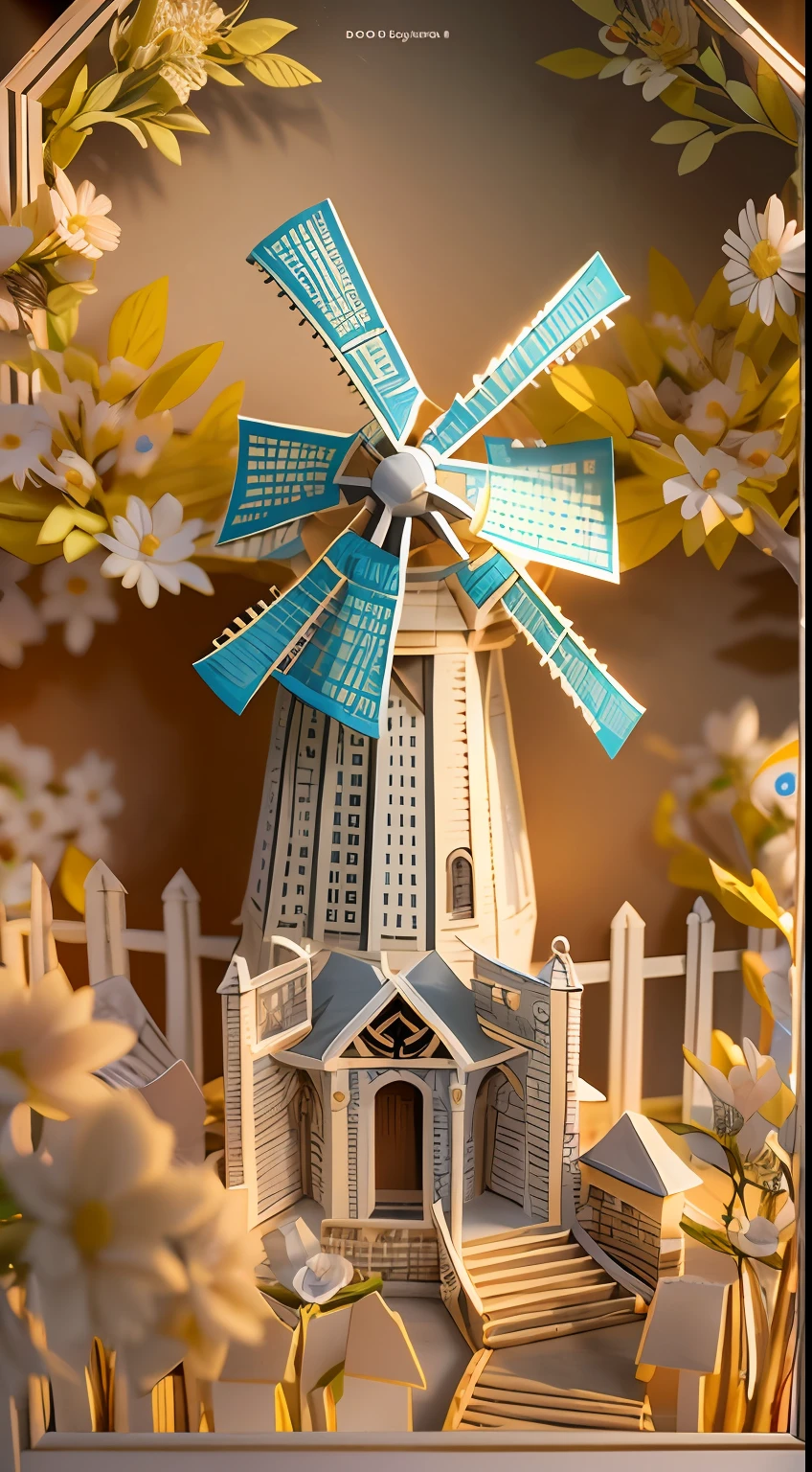 illustration: 1.3), 3D rendering of paper art, Tano，windmills ,Trees, sunsets, flowers, colorful, Best quality, Detailed details, Masterpiece, offcial art, movie light effect, 4K, Chiaroscuro , Flash