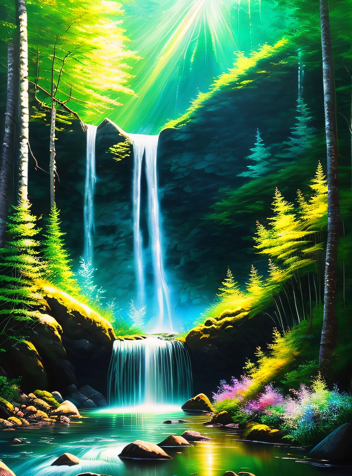 painting of a waterfall in a green forest with a sunbeam, waterfalls, amazing depth, breathtaking masterpiece of art, peaceful beautiful waterfall, multiple waterfalls, an endless waterfall, (waterfall), waterfall(beautiful, waterfall backdrop, waterfall, beautiful art uhd 4 k, streams of flowing light, soft airbrushed artwork, immense waterfall, cascading iridescent waterfalls