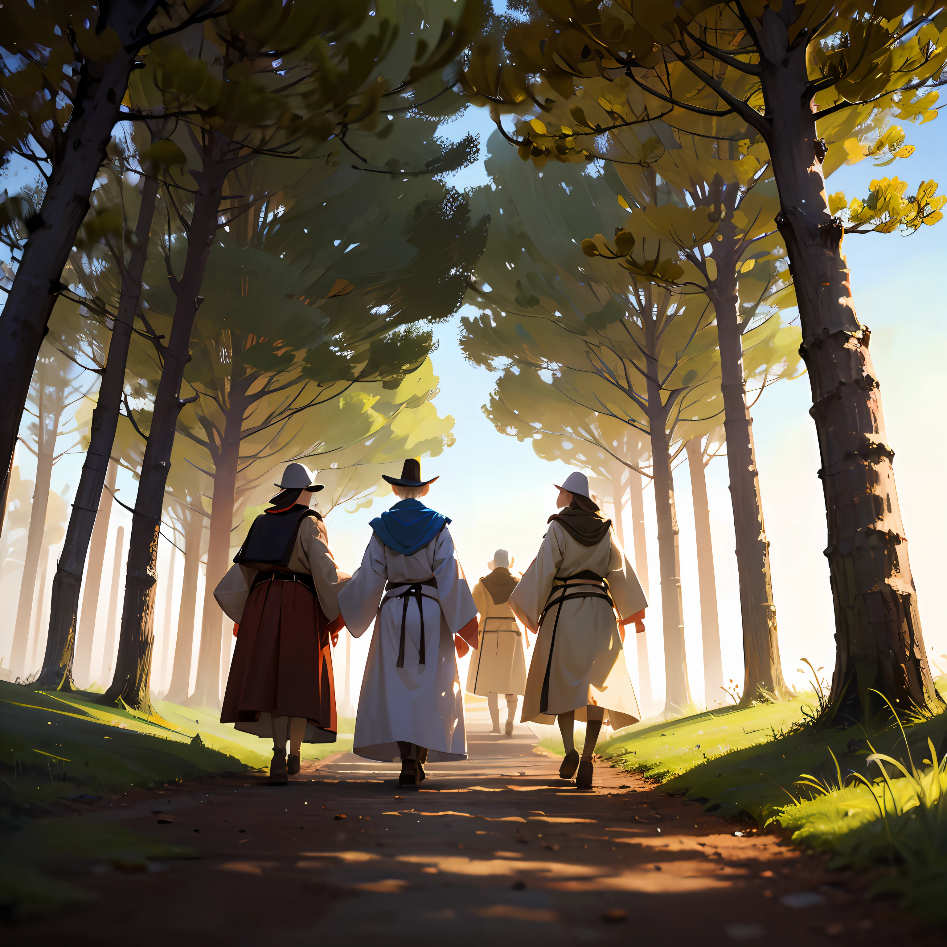 5 Pilgrims walking on foot on a dirt road with trees in the environment