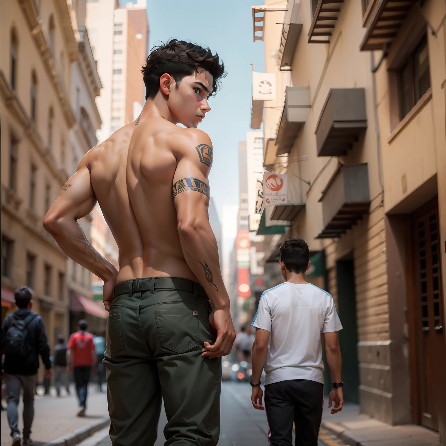 Sad -yeld boooking at someone else walking away Athletic 15-year-o marab b esta sin ropa, desnudo, Tarros de Blancos, reddish cinnamon-brown skin, cabello liso, camina perdido y asustado por las calles de new york, el joven viste una falda tgipica del antiguo egipto