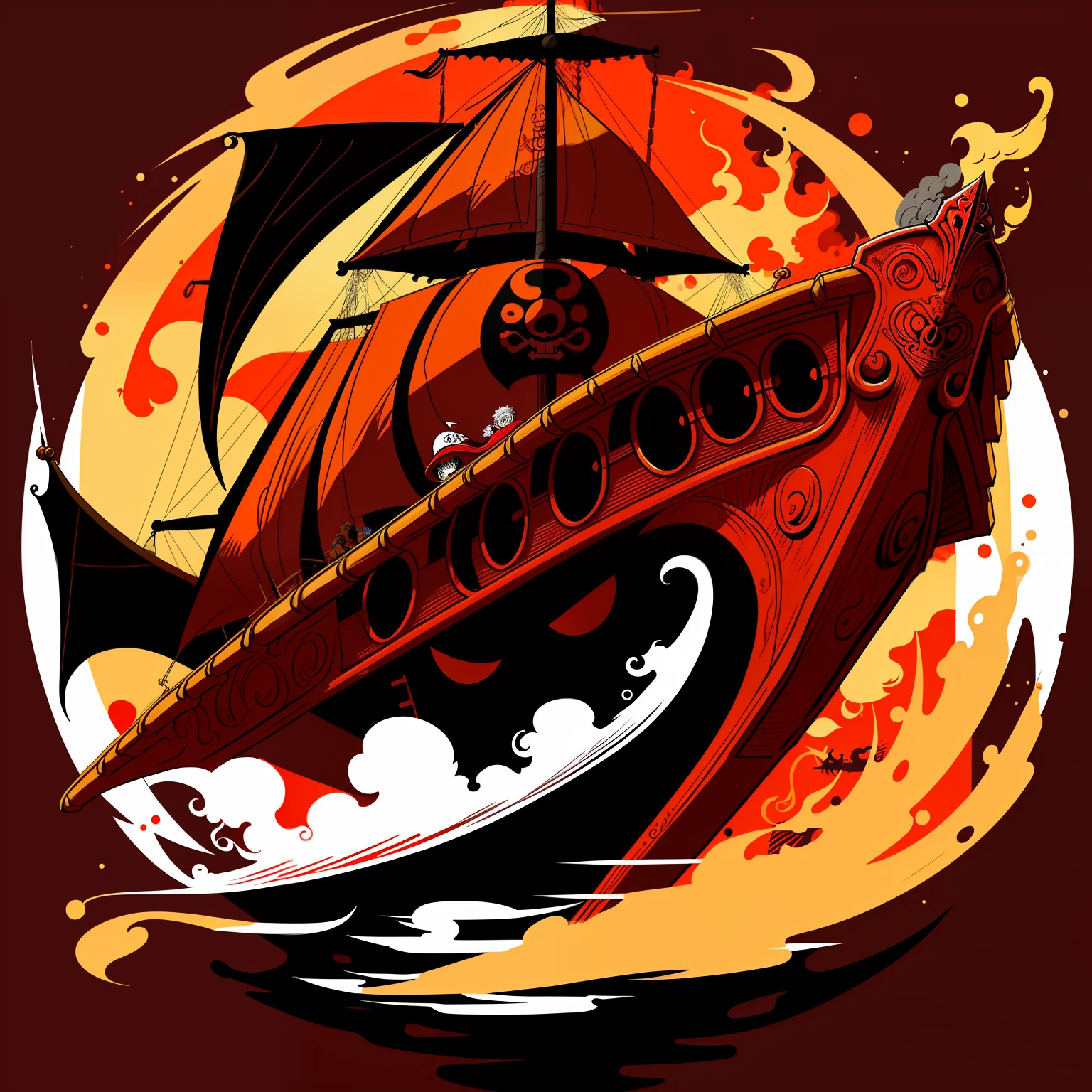 One Piece logo，Classic tattoo design，actionpacked，with black background，Red outline，Strong contrast，high saturated，Exquisite details，The pattern is clear，Iconic pirate hat，Sail background，A sense of power。