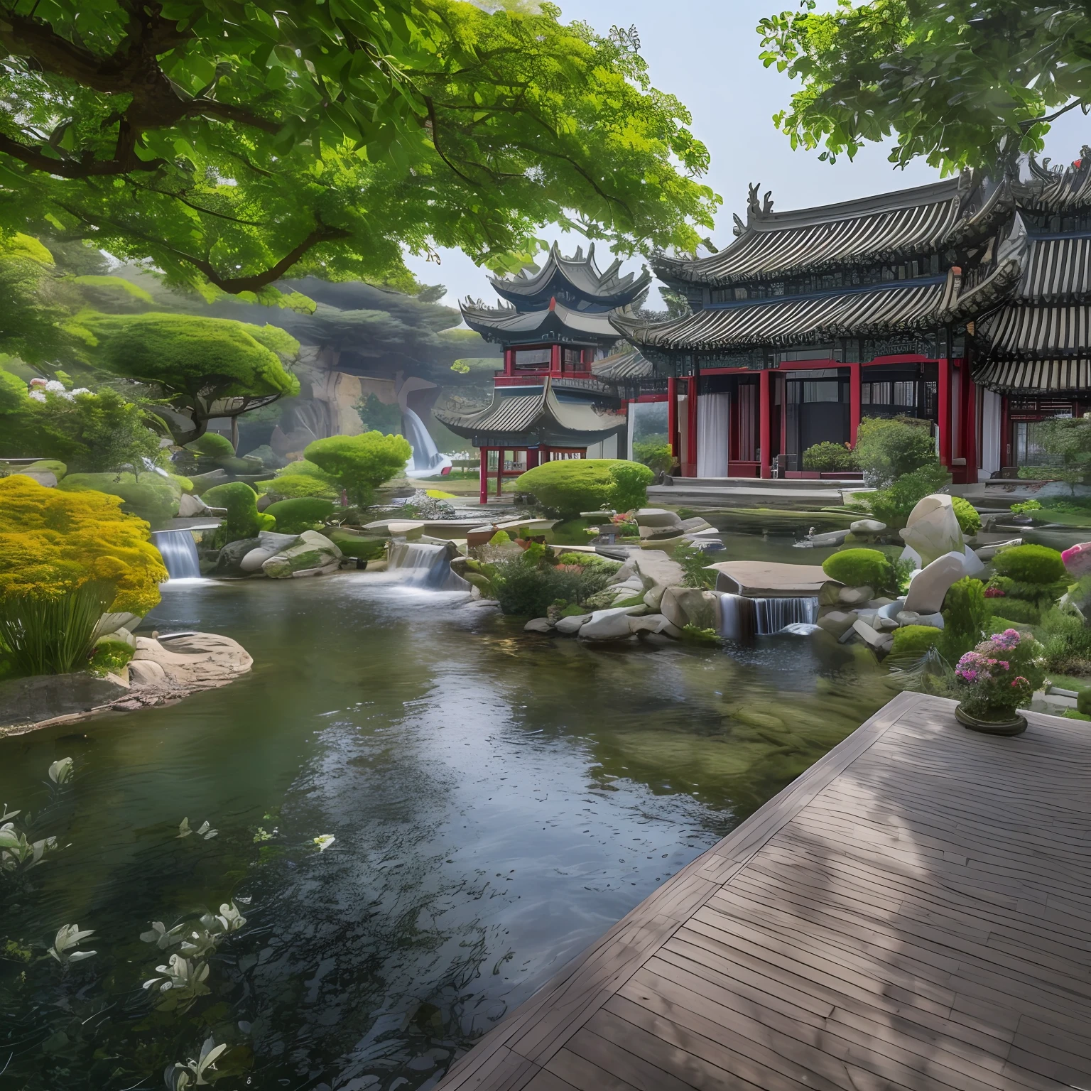 lakeside, ((waterfall)), Chinese mansion, stream, Western style garden, Embellish with flowers,complex details, classical and modern fusion, garden, traditional elements, modern design, waterfront, luxury, gorgeous, pavilions, courtyards, traditional Chinese roof, modern interior decoration, elegant, delicate, garden landscape, original photos, wide-angle lens shooting, high resolution, HDR, exquisite, HD, 8K, masterpieces, Artistry, grandeur, meticulous craftsmanship, modern facilities, seamless integration, harmonious atmosphere, timeless, rich, picturesque, (8K, raw photo, best quality, masterpiece :1.2), (realistic, photo realistic :1.3)