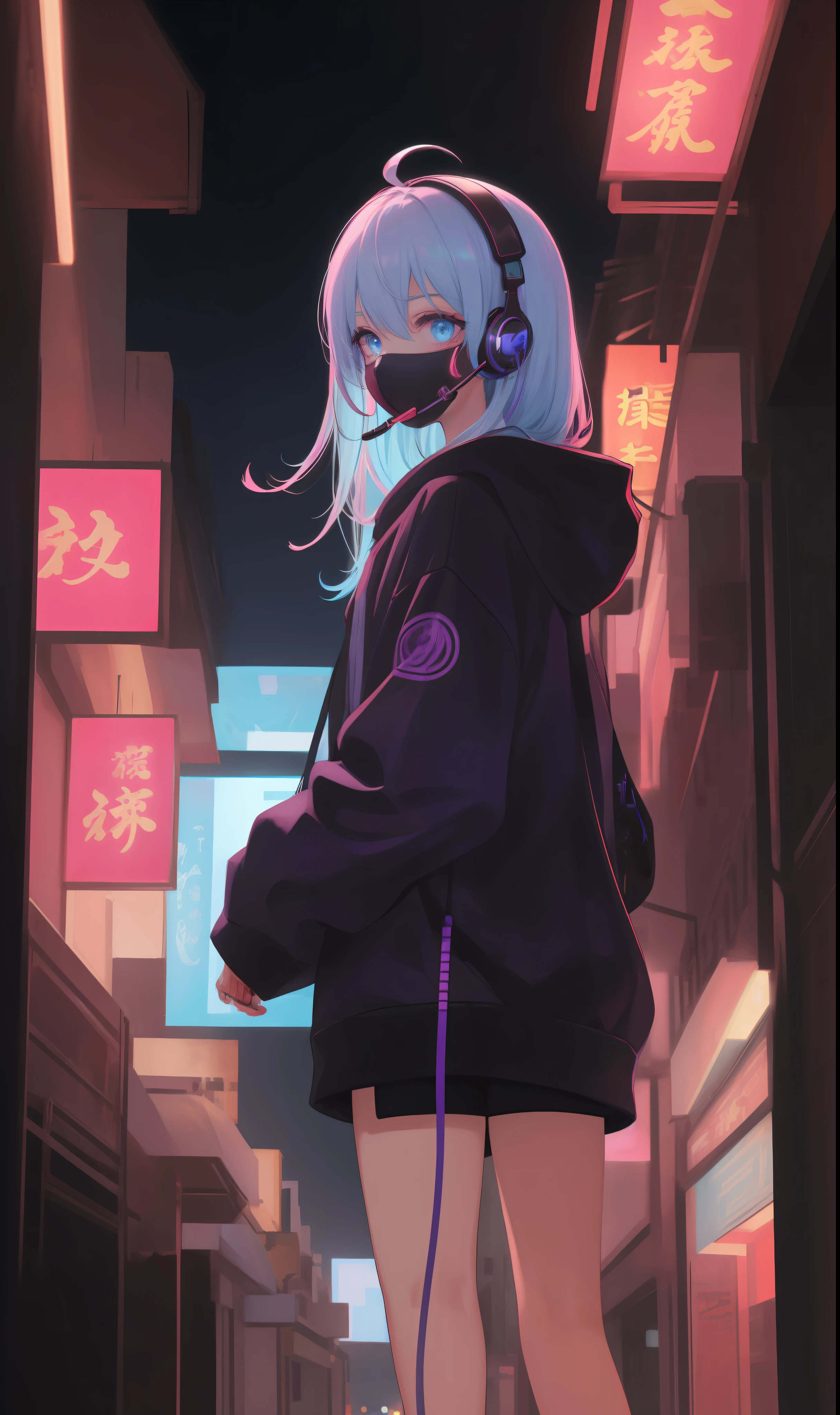 art by Cornflower, Dreamy, (detailed 8k wallpaper,In a shabby alley,Girl focus,Al girl,Multicolored hoodies,mouth mask,ahoge,crystal pink_Hair,Glowing eyes,Blue_Eyes,Cyberpunk,Sci-Fi City, Kowloon,Detailed background,intricately details,finely detailed,A high resolution,Red light,Blue light,Purple light,headset on head,)long whitr hair