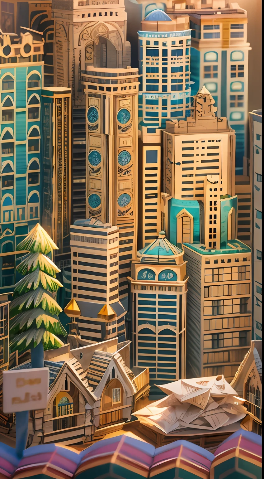 illustration: 1.3), 3D rendering of paper art, big city, Colorful, Best quality, Detailed details, Masterpiece, offcial art, movie light effect, 4K, Chiaroscuro , Flash