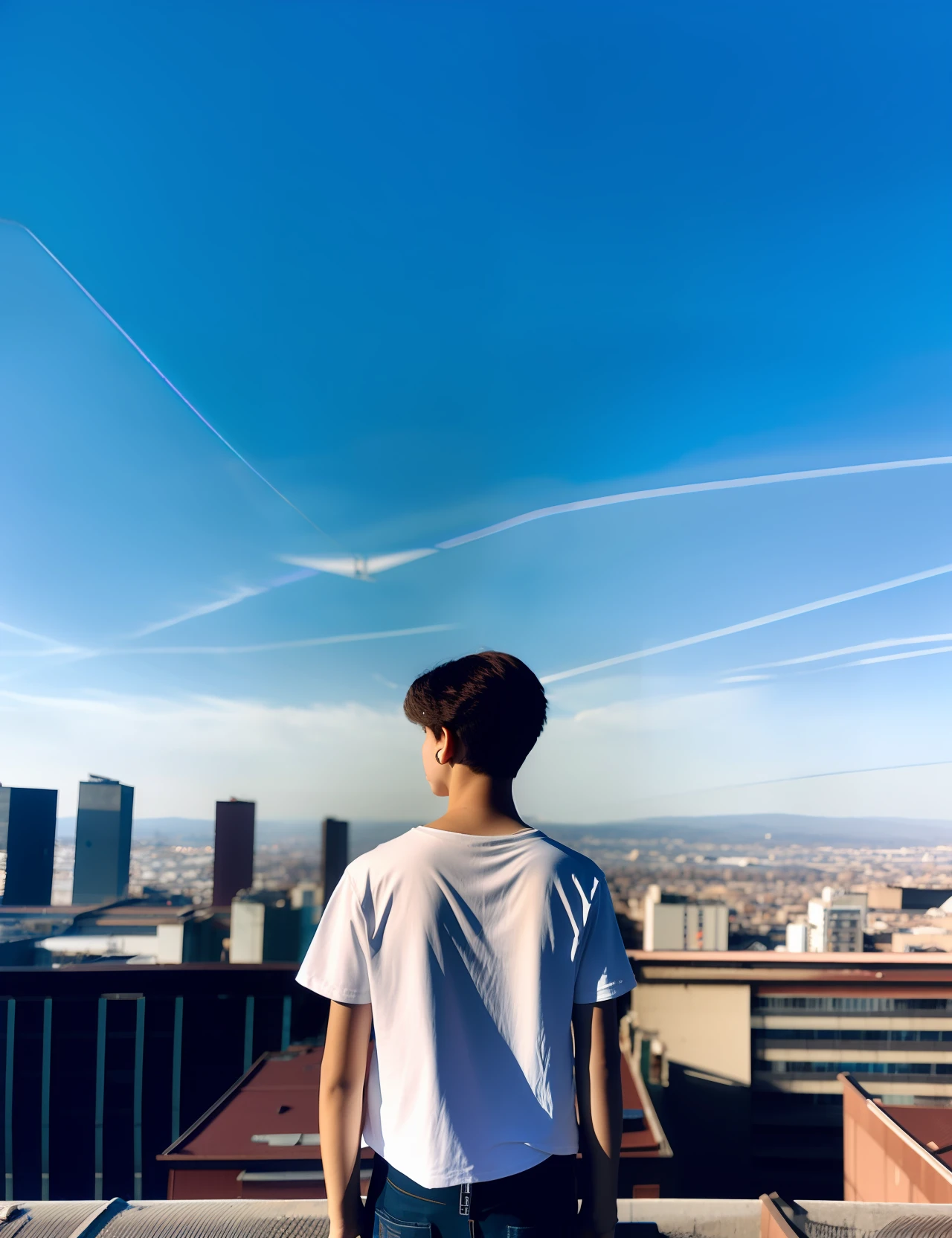 Cyberpunk background Eighteen-year-old boy standing on the roof of a building looking at the scenery