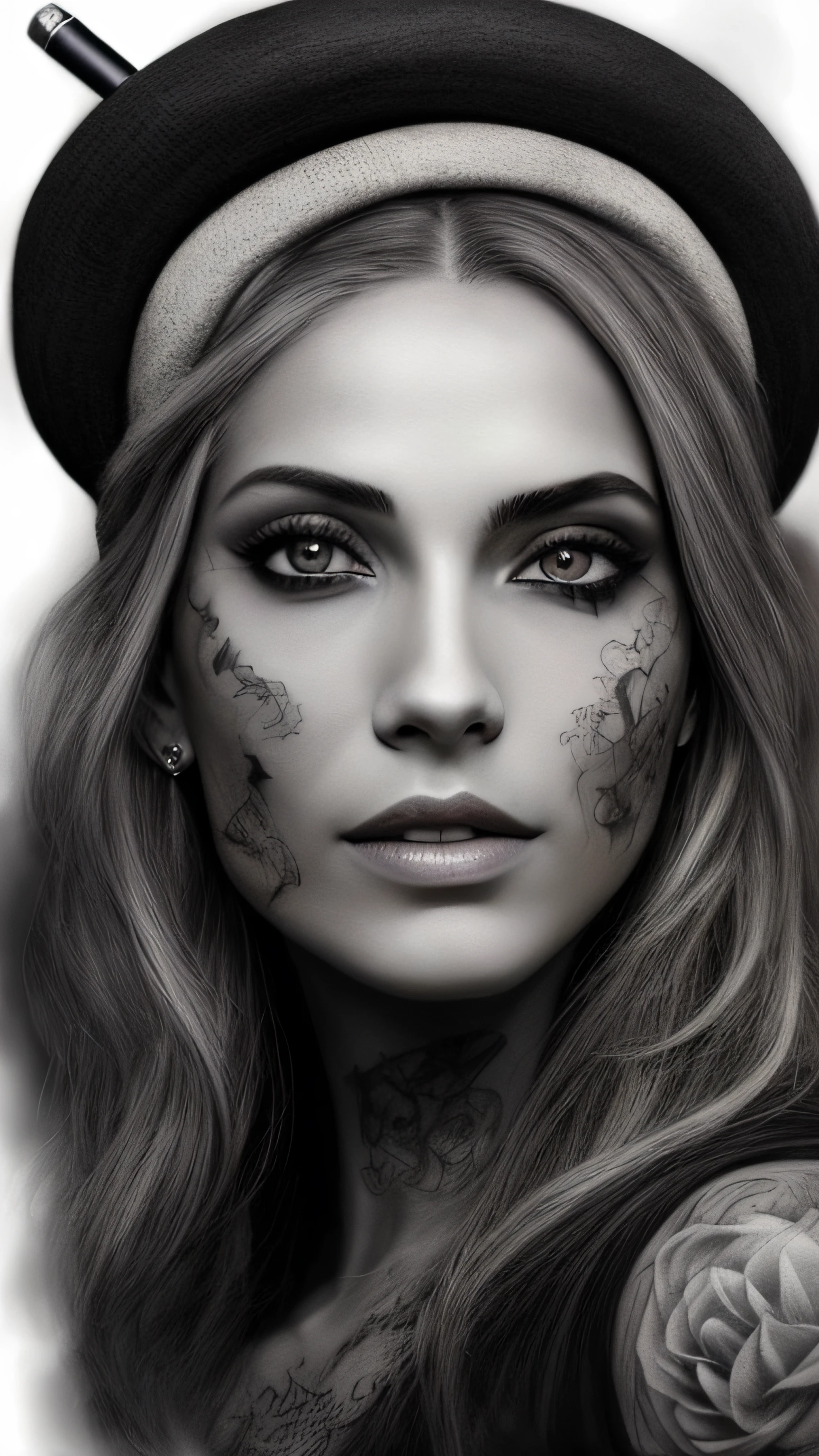 A closeup of a woman with a cigarette and a hat, taciturno, tatuagem no rosto, estilo de tatuagem preto e cinza, sketch art, tatuagens no rosto, rosto tatuado, desenho de tatuagem realismo, hyper - realistic tattoo sketch, olhos negros mal-humorados, Rosto detalhado!!, com tatuagem facial, Sketch style, obras de arte impressionantes, tatuagem sombreada hiper realista, design de tatuagem realismo, Coberto