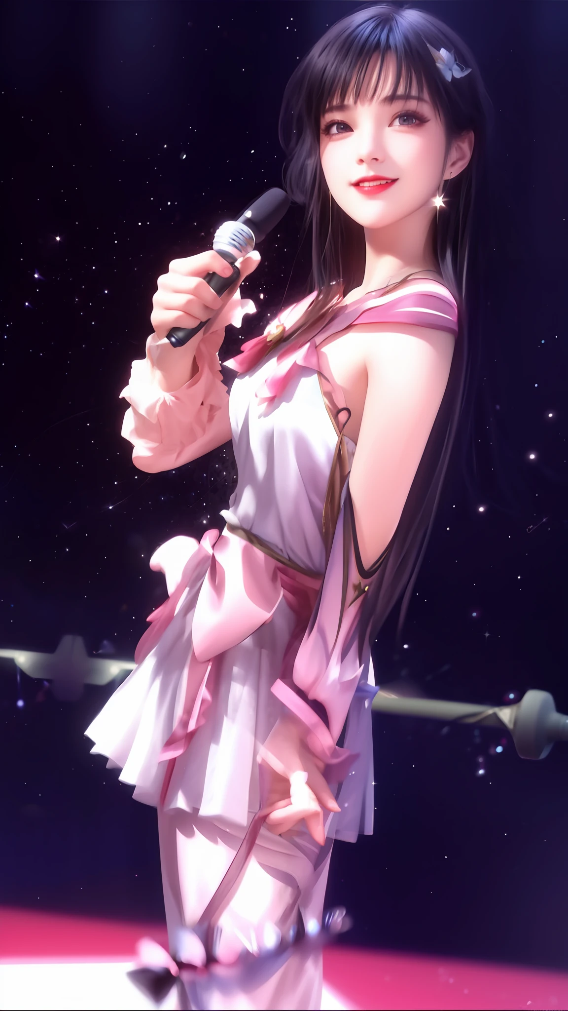 Black hair,Beautuful Women,Royal sister,The corners of his mouth rise into a smile,Beautuful Women,with fair skin,Ruddy lips,Redlip,Hold the microphone in your hand,Starlight in the background,offcial art,Unity 8k wallpaper,The background glows,ultra - detailed,Aesthetics,tmasterpiece,best qualtiy,realisticlying,illuminating,Frankness,photore,A high resolution,4K,8K,Photoreal