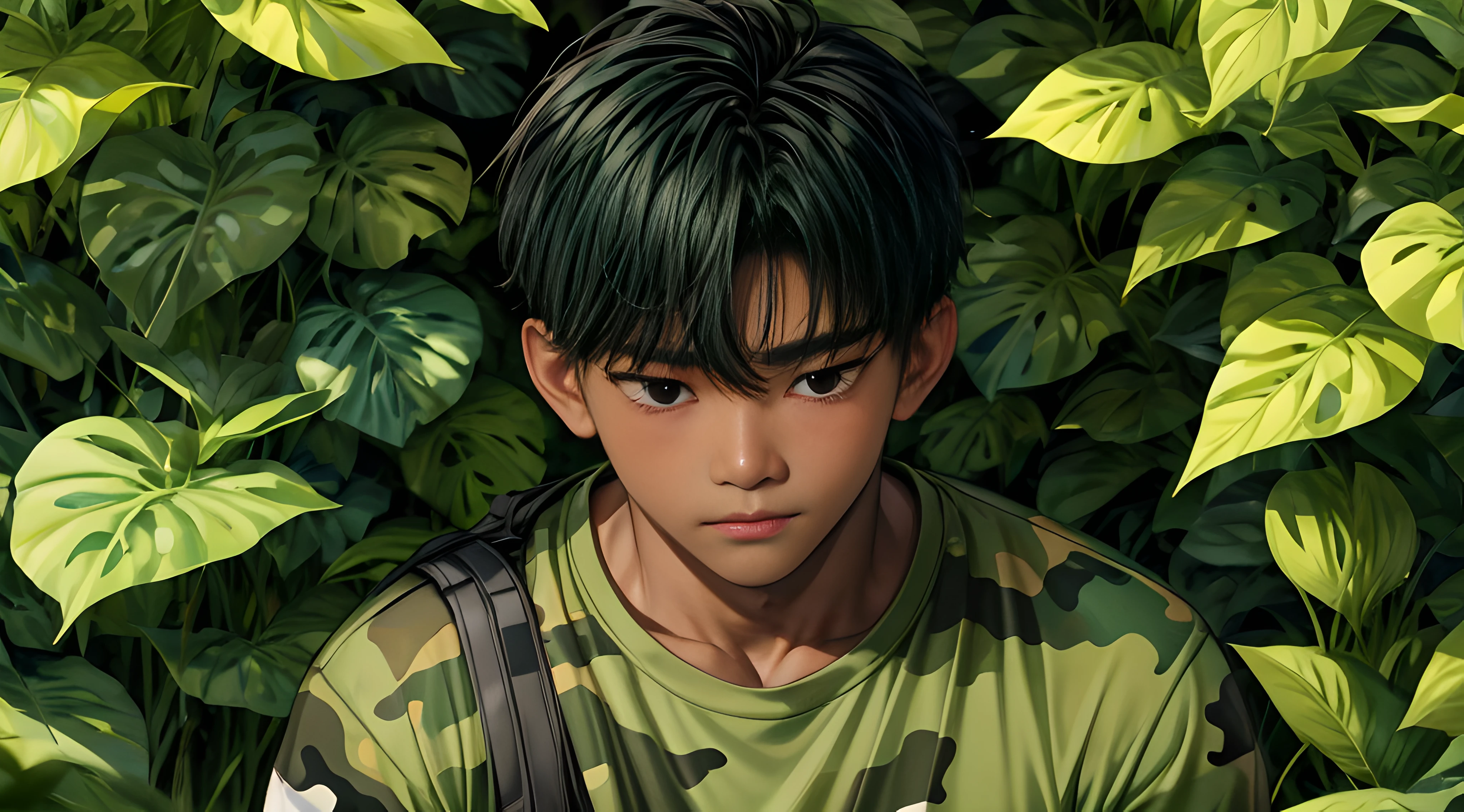 Masterpiece, 1 boy, Robust,Camouflage short sleeves，Dark  skin， Shy, face round, Black eyes，largeeyes，Stand among the green leaves