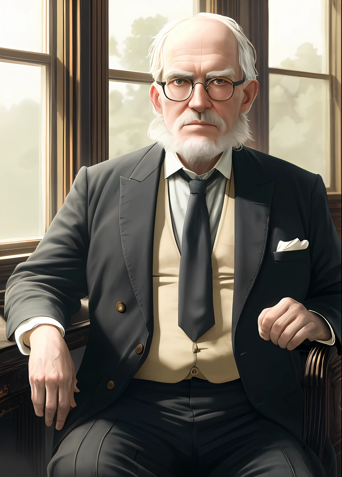 The 19th century, portrait of old shaven man with glasses and with a tie sitting on chair, sunny window, High quality photo, ultra high res, (photorealistic:1.4), classicism, cinema lighting, insanely detailed, hyper realistic, intricate design, fine details, octane render