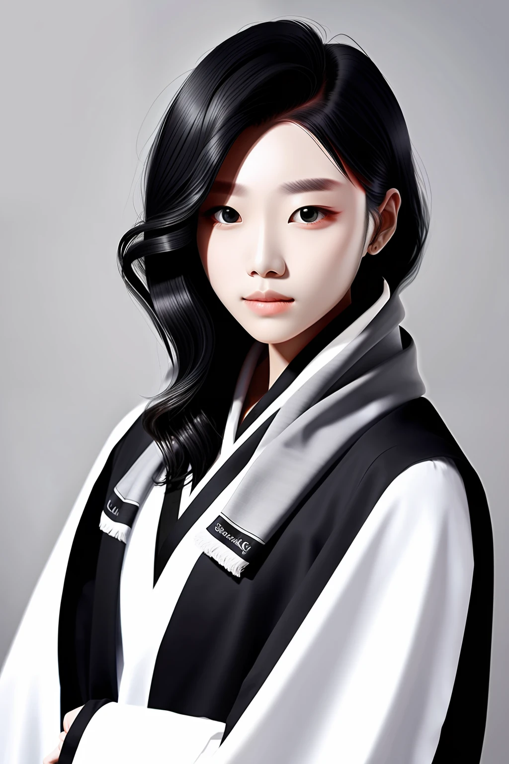Medium long black hair, diamond-shaped face, gray eyes, white scarf, black robe