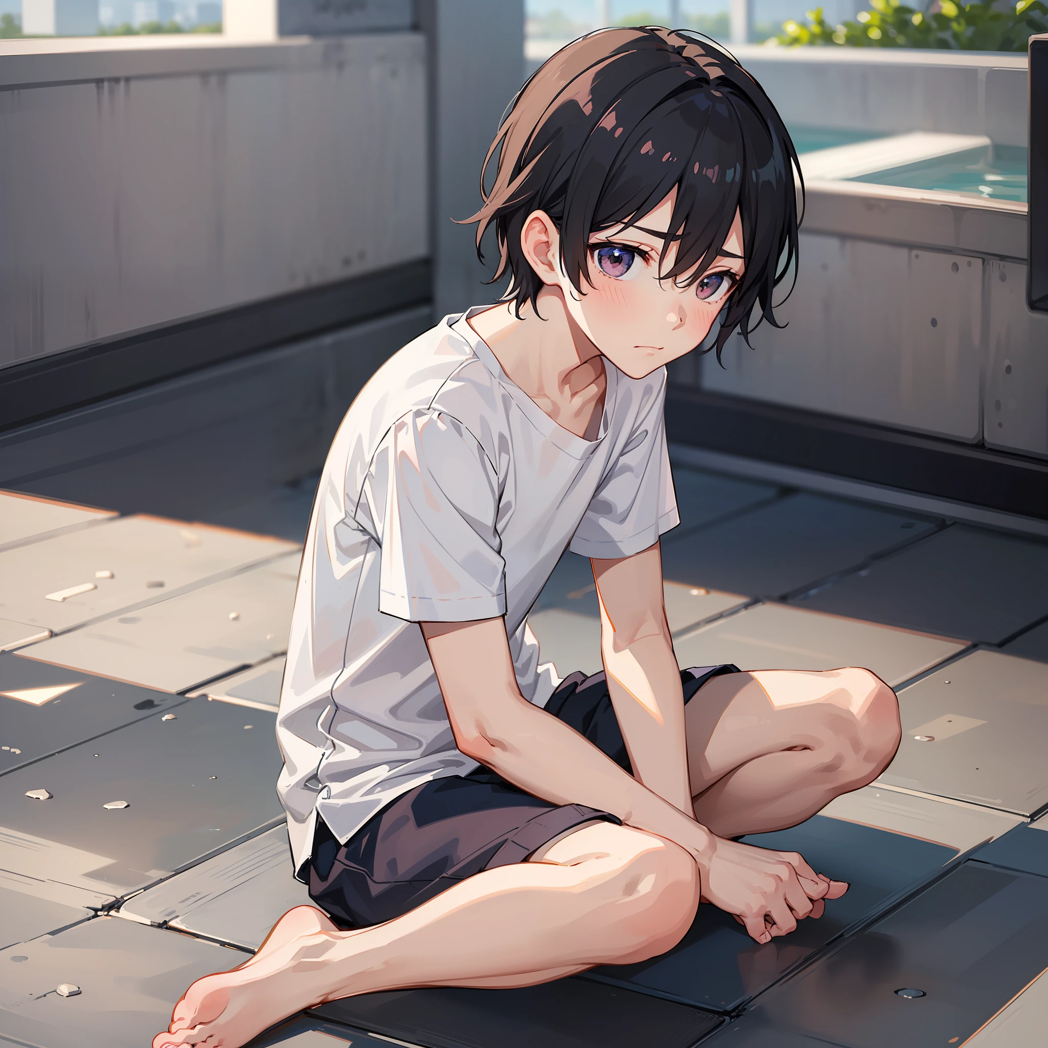 ((A boy))，adorable captivating，in a white shirt，He looked sad，Barefoot，sat on the ground。The blush gradually rises，Shy, But handsome。The picture style is fresh and simple，Rendered like a comic，The lens is shown as a vista，（Anime style+Soft cute），((Anatomically correct))，Accurate