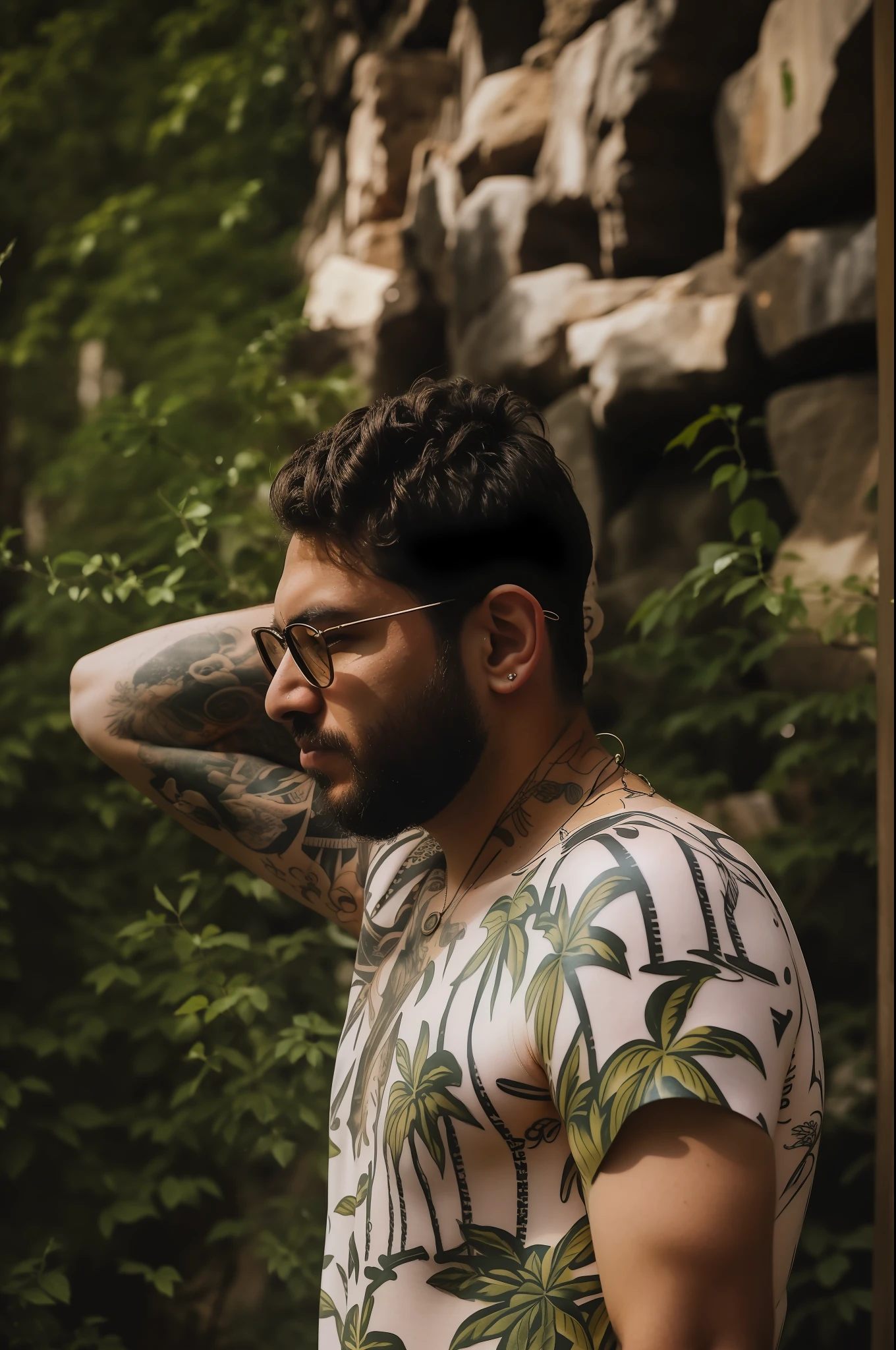 there is a man that is standing in front of a rock, shot on sony a 7, amidst nature, portrait mode photo, shot with premium dslr camera, mid shot portrait, shot with sony alpha, shot on nikon z9, shot with sigma f / 4. 2, shot with sigma f/ 4.2, stylish pose, with a cool pose, tattoo on arm