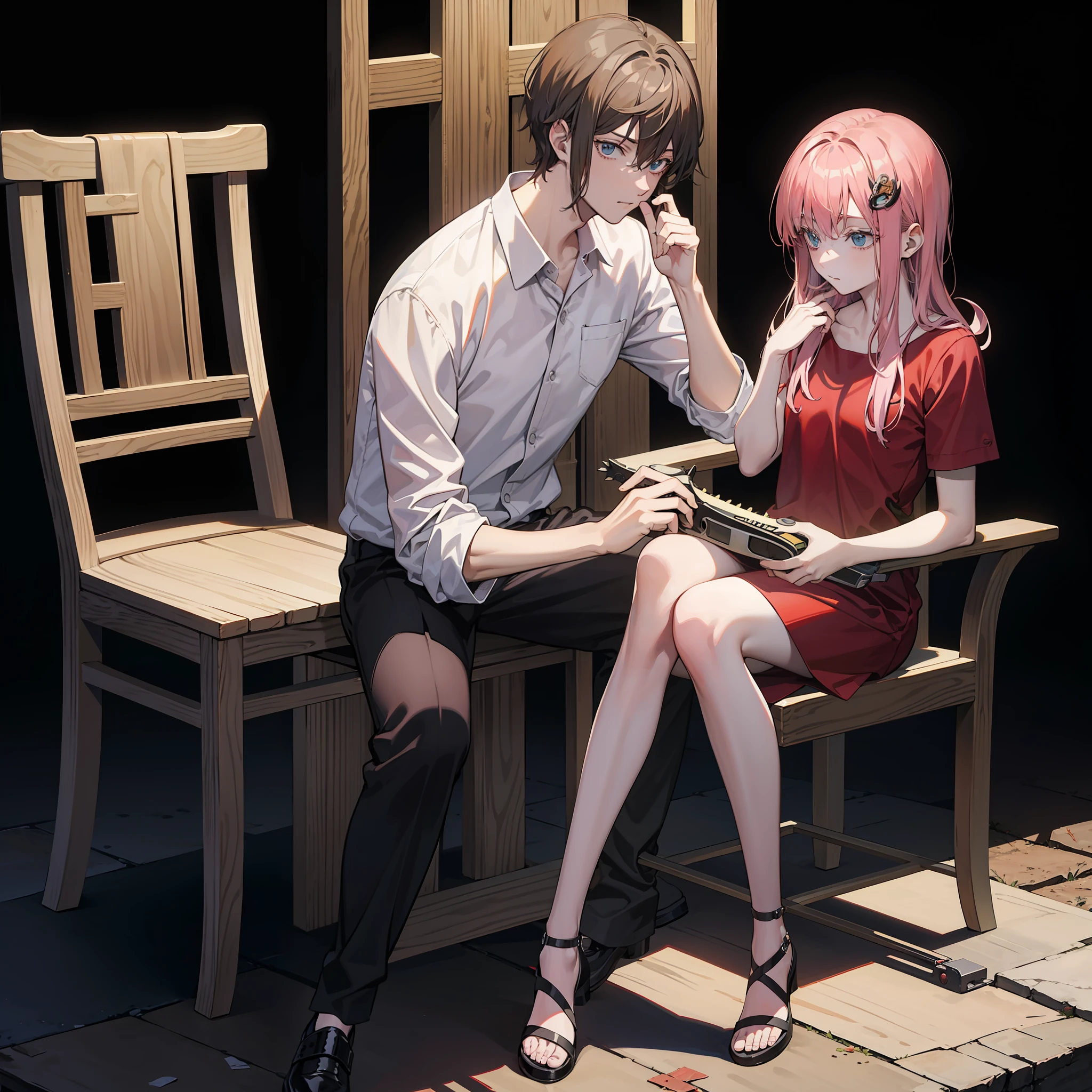 (masterpiece), (best quality), Makima, chainsaw man anime Style, sitting on chair, black background