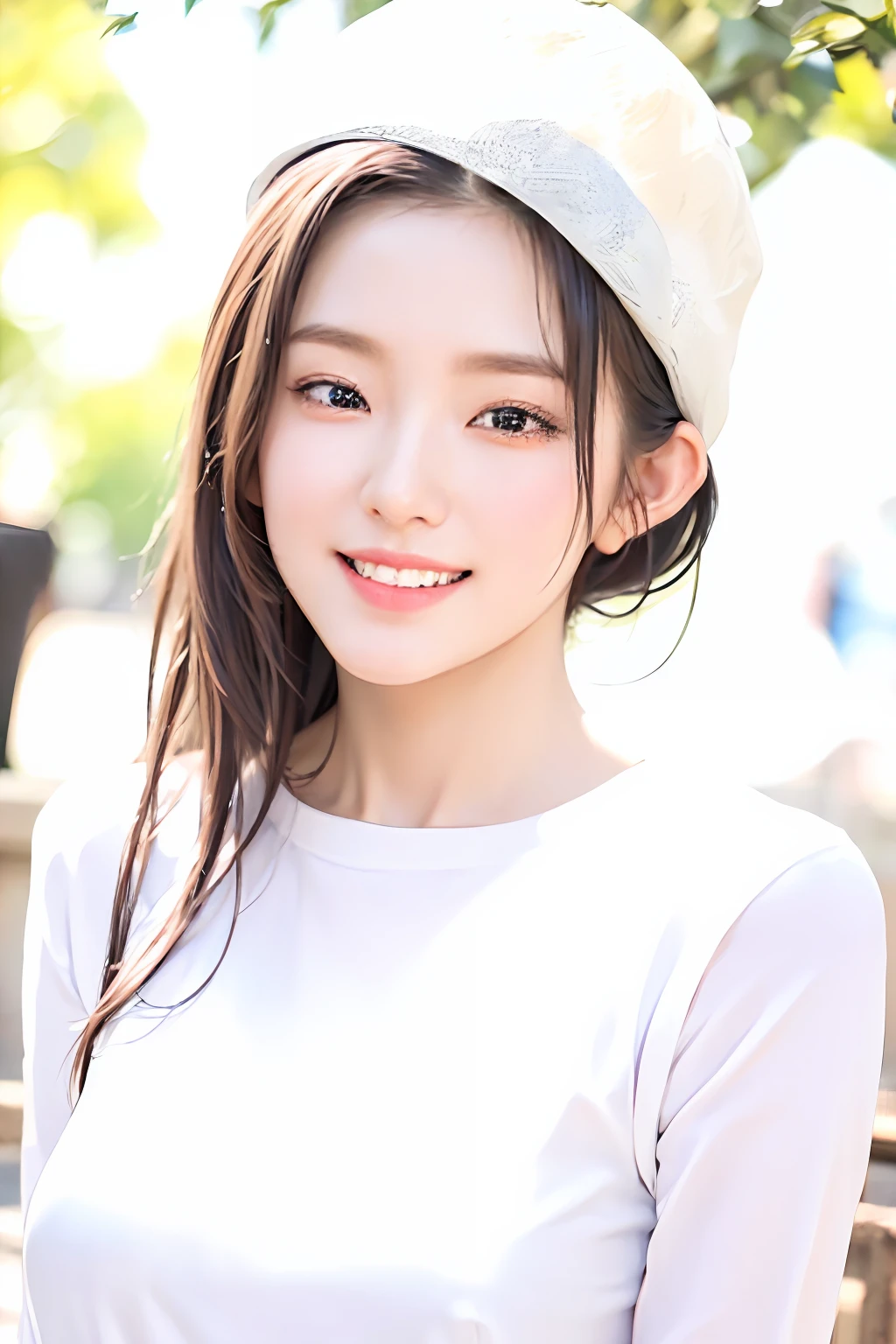 Very detailed eyes, very detailed face, best quality, masterpiece, very detailed, ultra-detailed, (realistic, photorealistic: 1.3), smile, (facing forward), looking at the audience, white shirt, sunny, outdoors, 1girl upper body, middle breast