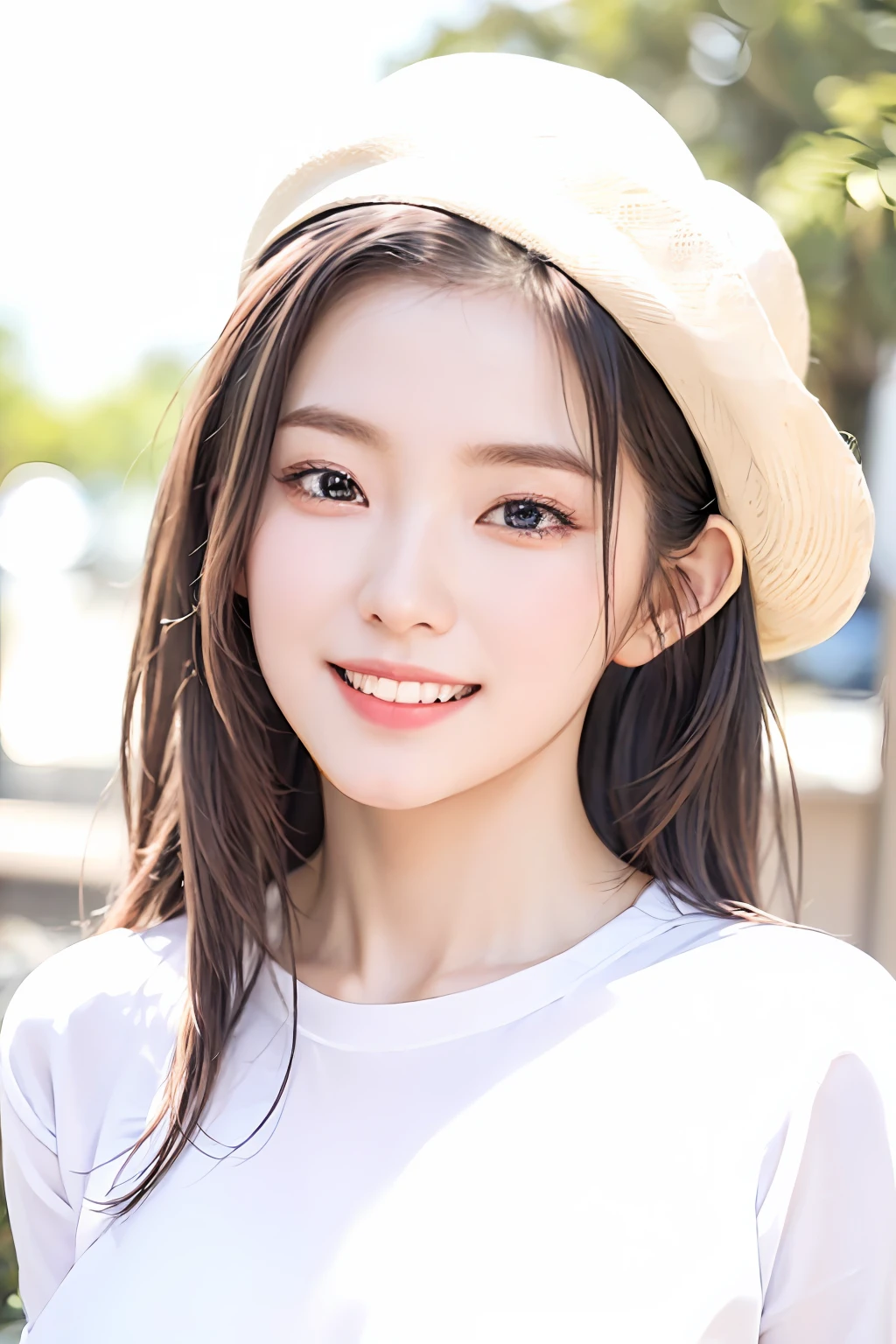 Very detailed eyes, very detailed face, best quality, masterpiece, very detailed, ultra-detailed, (realistic, photorealistic: 1.3), smile, (facing forward), looking at the audience, white shirt, sunny, outdoors, 1girl upper body, middle breast