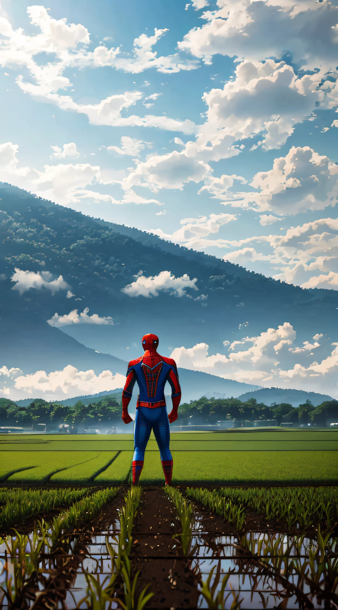 Spider-Man planting rice in the field,Holding a seedling in his hand,Large clouds、blue-sky、Rice fields,There are neat rice seedlings in the field,ln the forest,hillside,Quiet,Rustic,high definition detail、Hyper-detailing、cinematic ligh、ultra-realistic realism、Soft light、Deep field focus bokeh、Ray tracing and surrealism。 --auto --v6