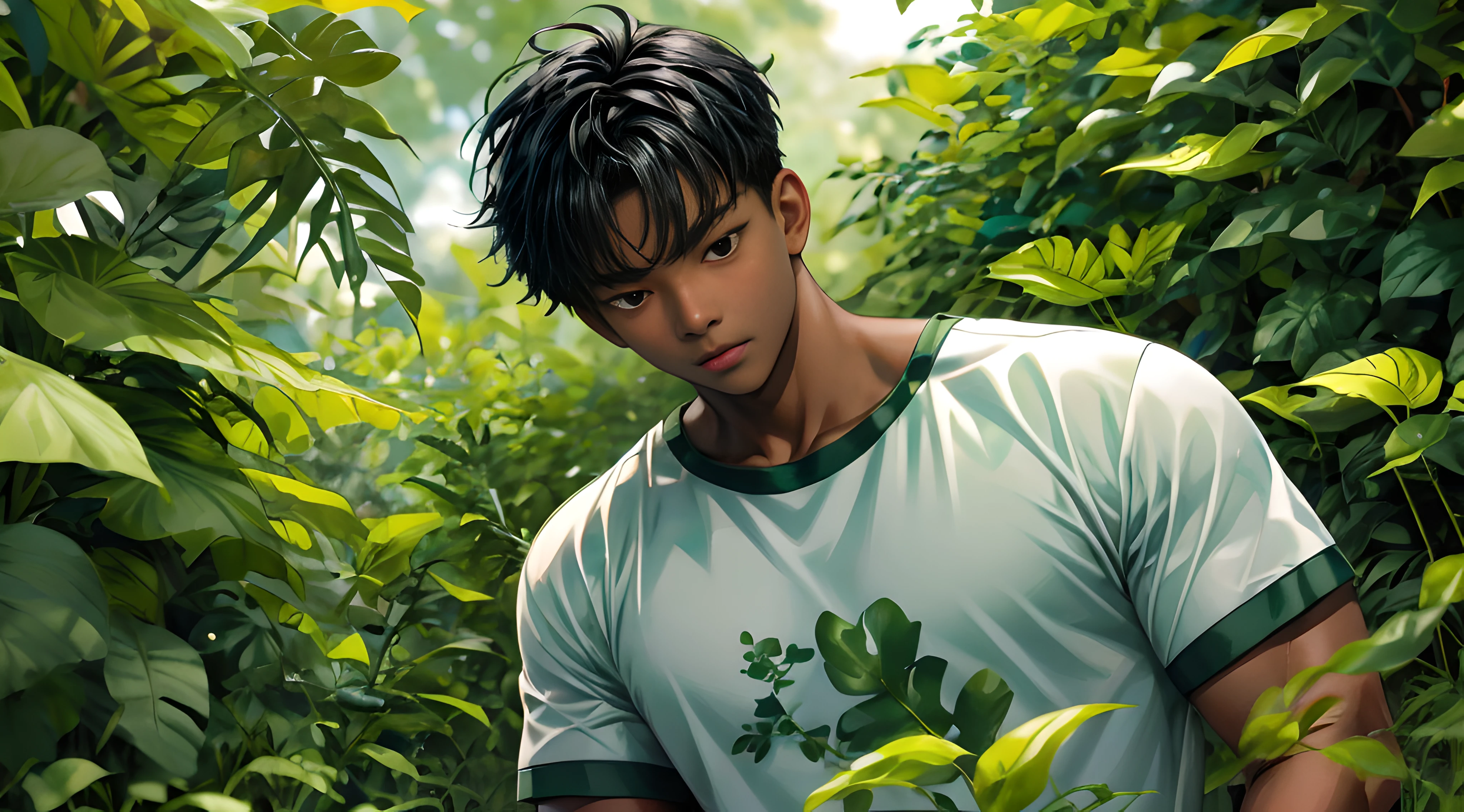 Masterpiece, 1 boy, Robust,Camouflage short sleeves，Dark  skin， Shy, face round, Black eyes，largeeyes，Stand among the green leaves