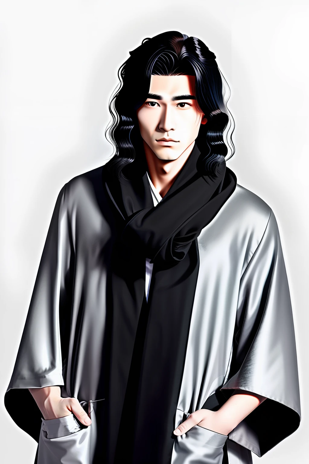 Medium long black hair, diamond-shaped face, gray eyes, white scarf, black robe