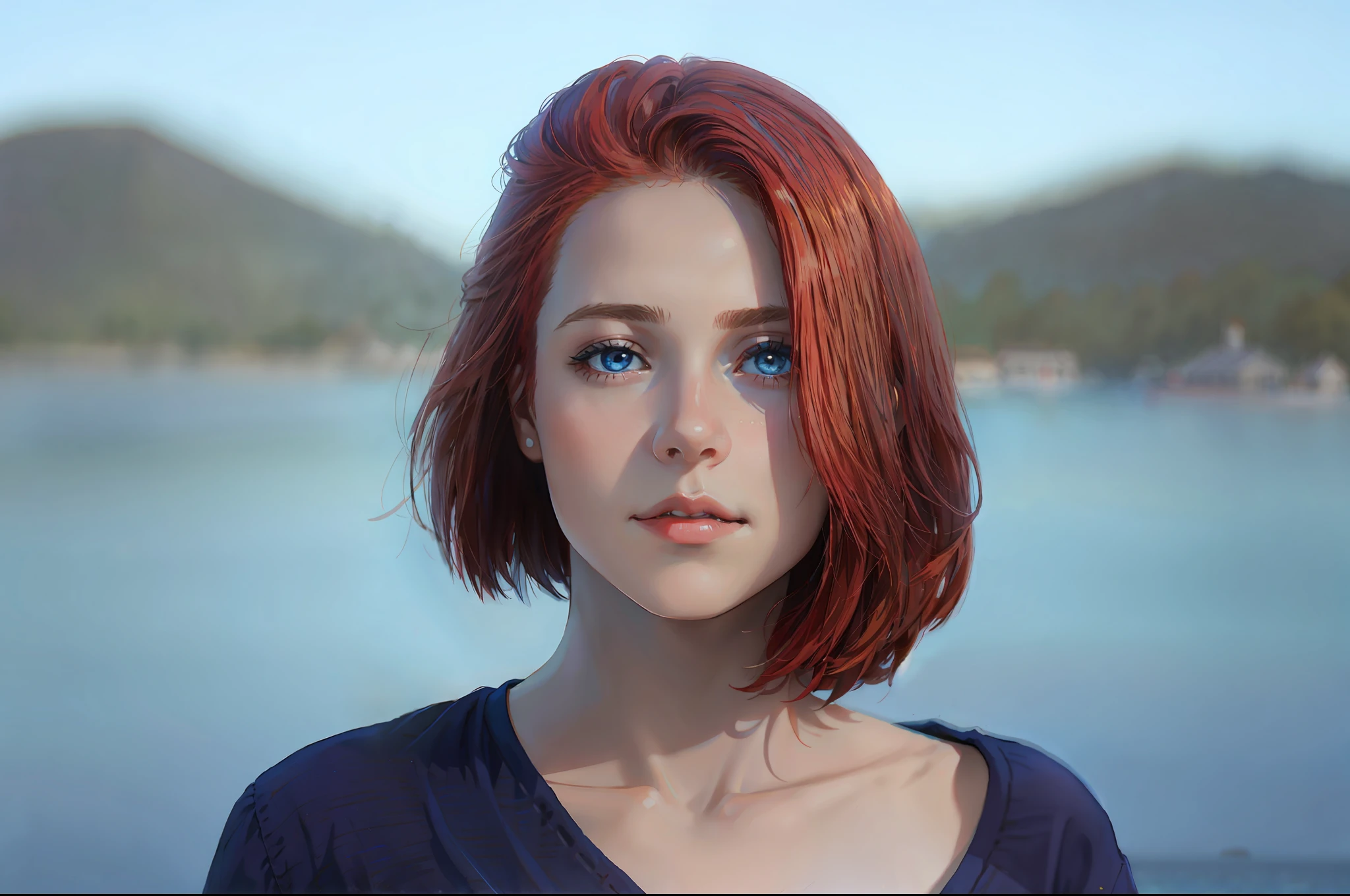 there is a young girl with a short hair and a blue shirt, a redheaded girl, perfectly centered portrait, 7 0 mm portrait, red haired girl, 4 k asymmetrical portrait, head centered portrait, landscape