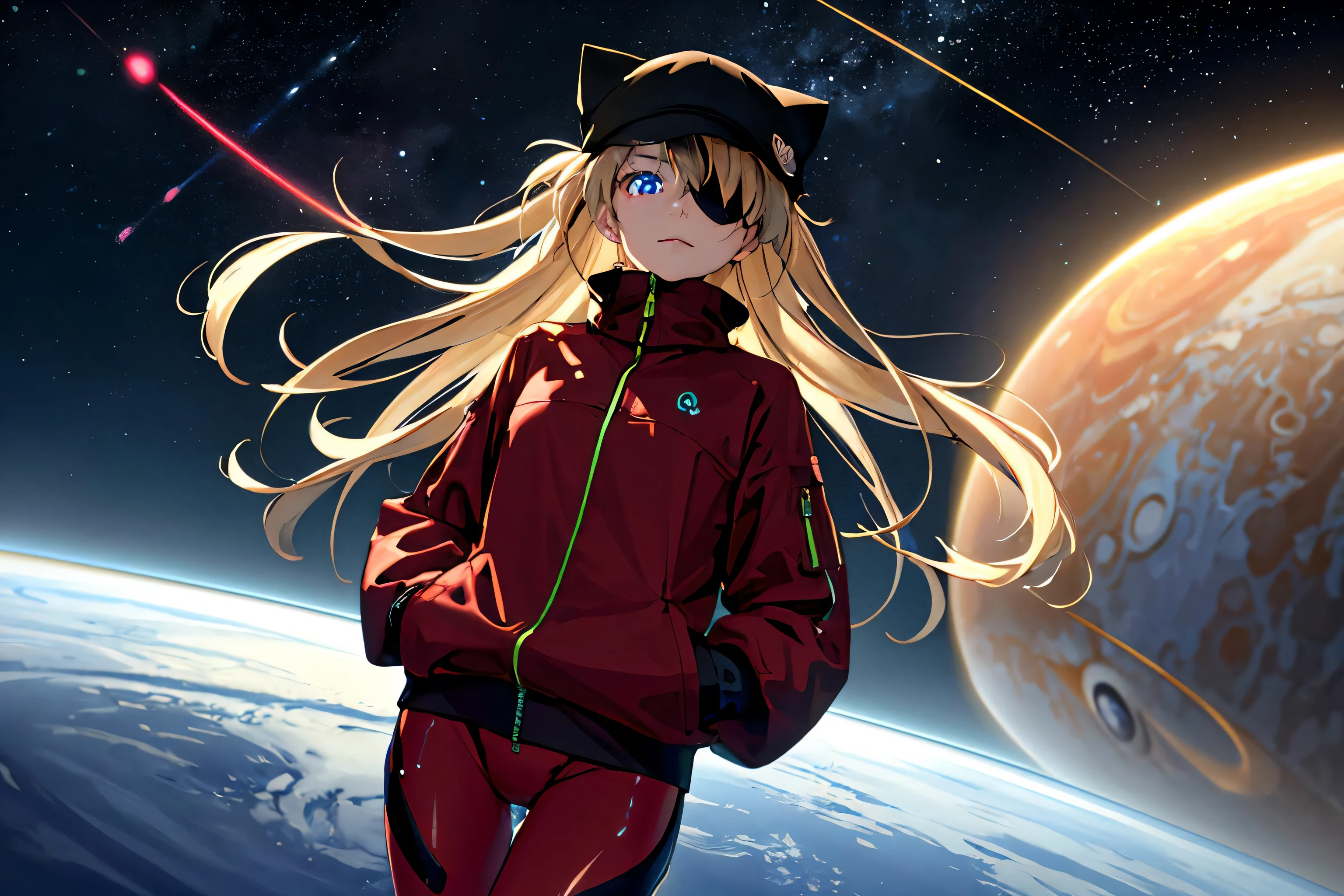 ((masterpiece,best quality, detailed,)), 1girl, solo, cowboy shot, floating above planet,(Saturn1.3), Jupiter, EVA, depth of field,(glowing eyes:1.2),neon details,glowing body, night,starry sky, souryuu asuka langley, red unzipped jacket, cat hat, red bodysuit, eyepatch, hands in pockets,