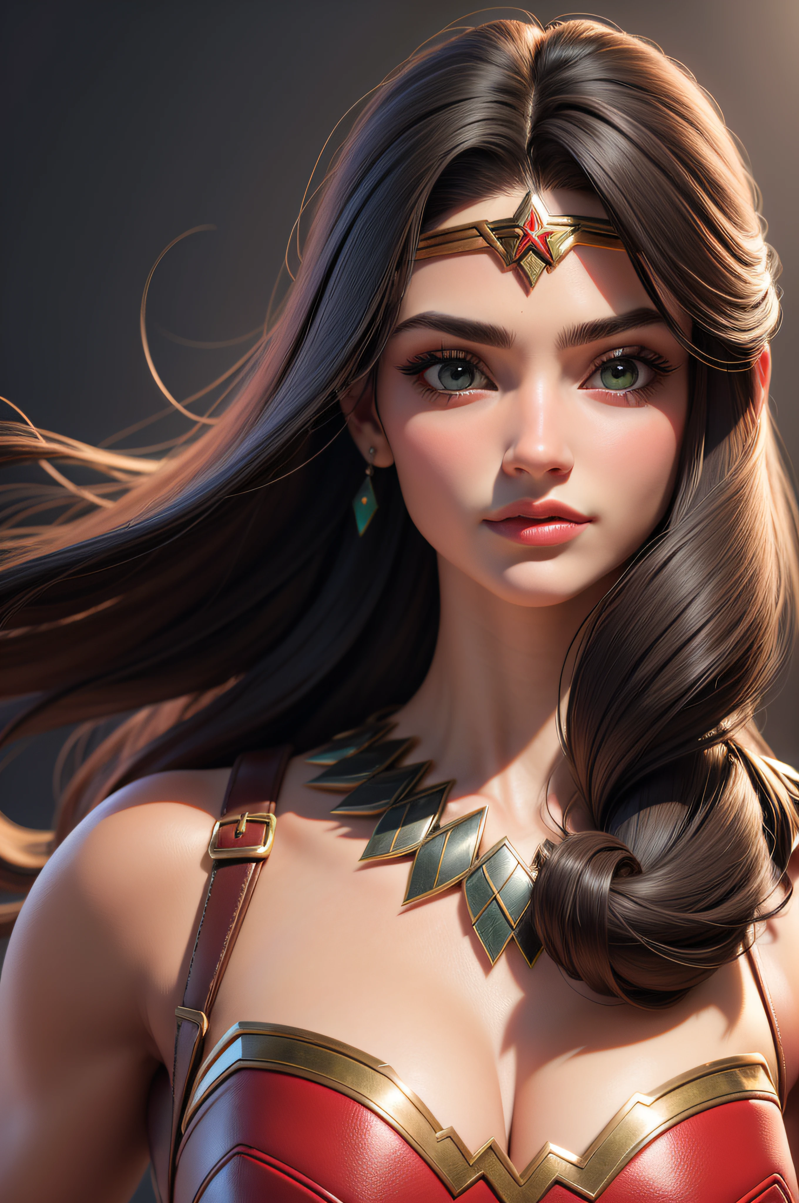 obra-prima, melhor qualidade, trabalho de rending 3d, estilo 3DMM, close-up, retrato, 3D, Wonder Woman, solo, cabelo castanho, colar de corda, olhando para o lado, realista, parte superior do corpo, fundo simples, franja, olhando para longe, cabelo preto longo, separated-lips, maquiagem, cabelo encaracolado castanho longo, olhos verdes, lingerie rosa, decote, aerith gainsborough, aerith