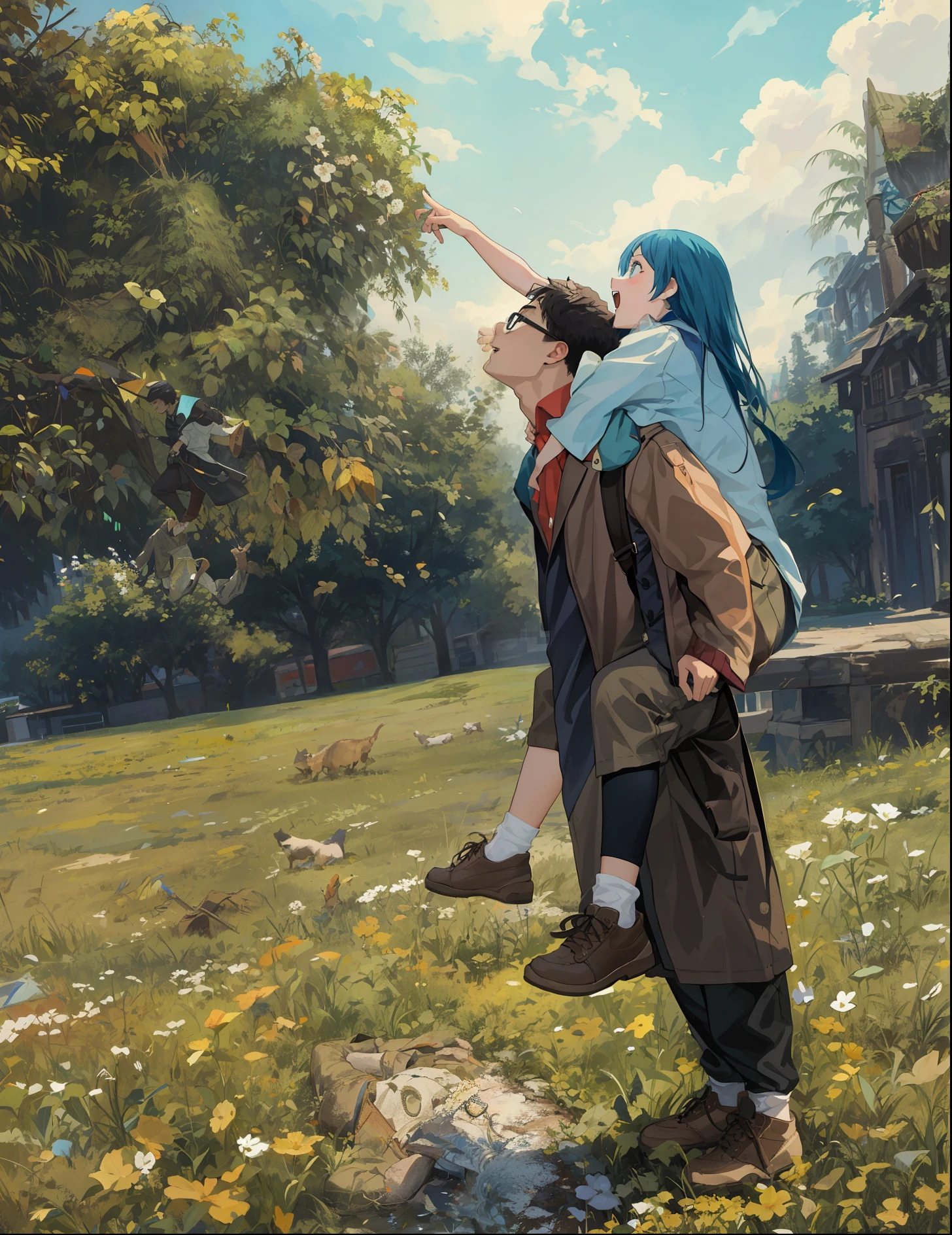 A boy carries a girl on his back,The boy has glasses,The girl has a hand pointing to the sky
