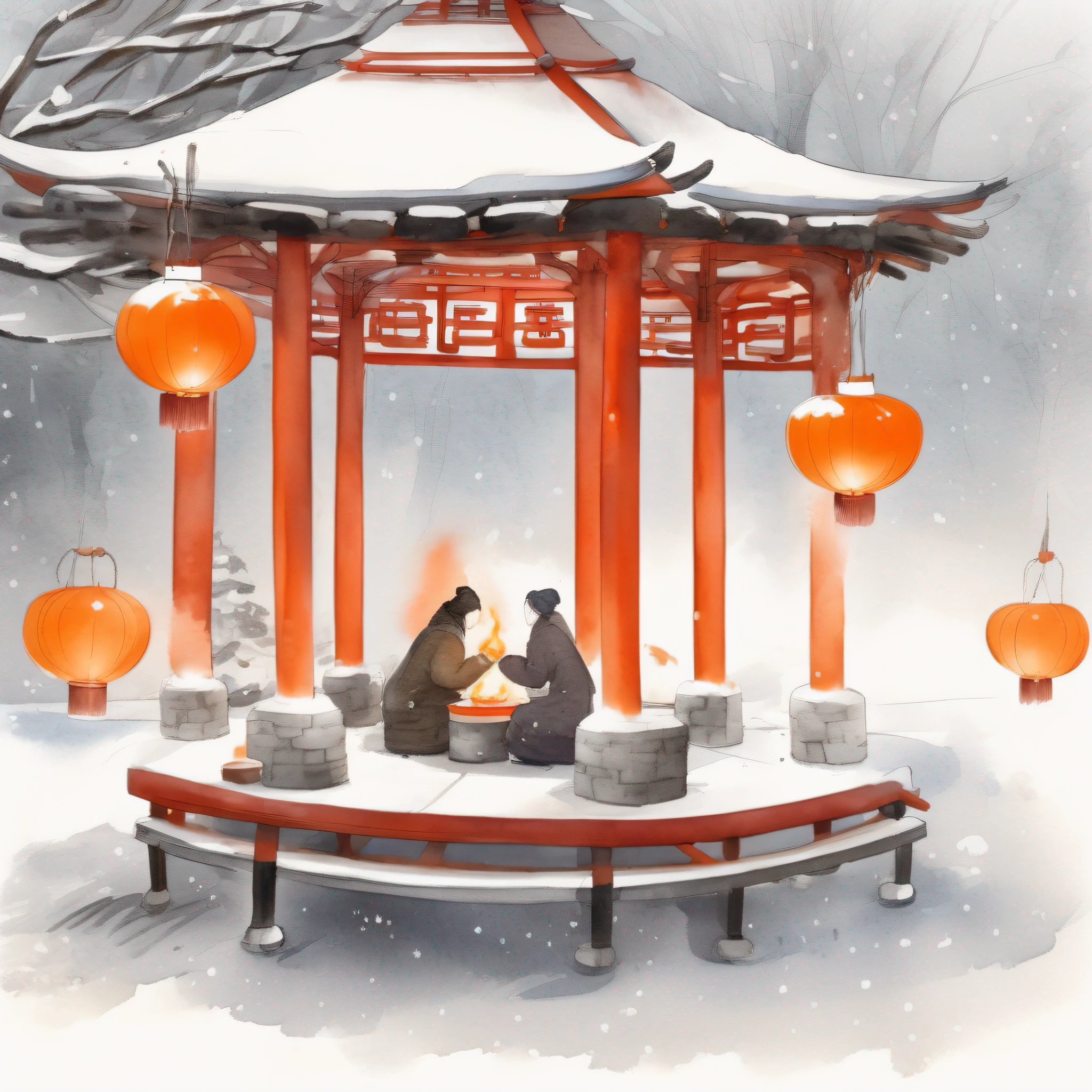 Snowy days in the Long Pavilion, The two sat opposite each other,Drinking tea, Boil snow on a red stove , The fire was raging, The fire is warm, Next to the long pavilion is placed orange lanterns