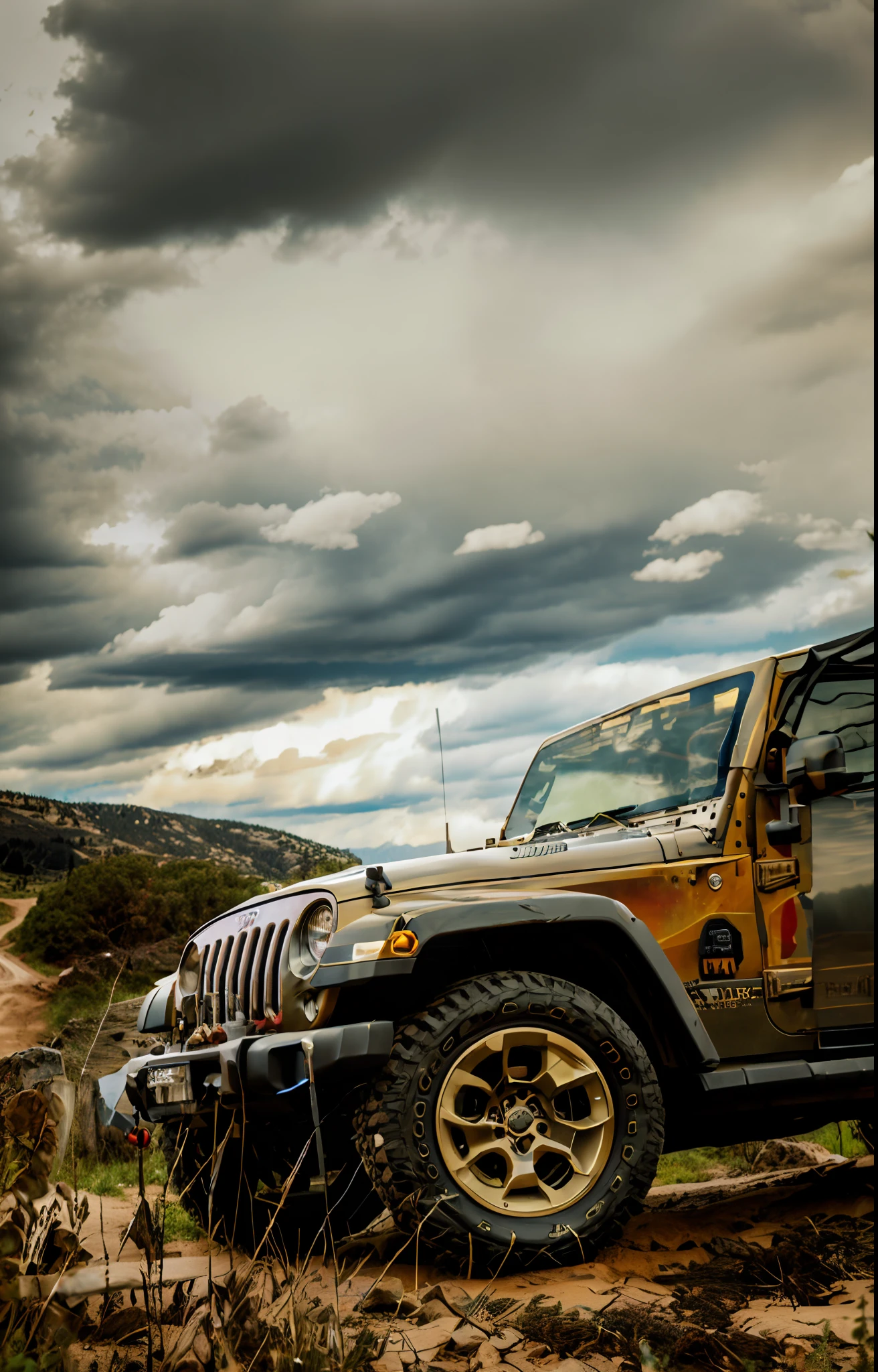 Jeep parked on a cloudy field dirt road, jeep in background, off-roading, jeep, jeep wrangler, vehicle photography, High quality wallpaper, Desktop background, wallpaper mobile, Wallpaper background, wallpaper - 1 0 2 4, off-roading, Red car, wide portrait, wallpaper hd, 4k post, 4 k post, 4 k masterpiece