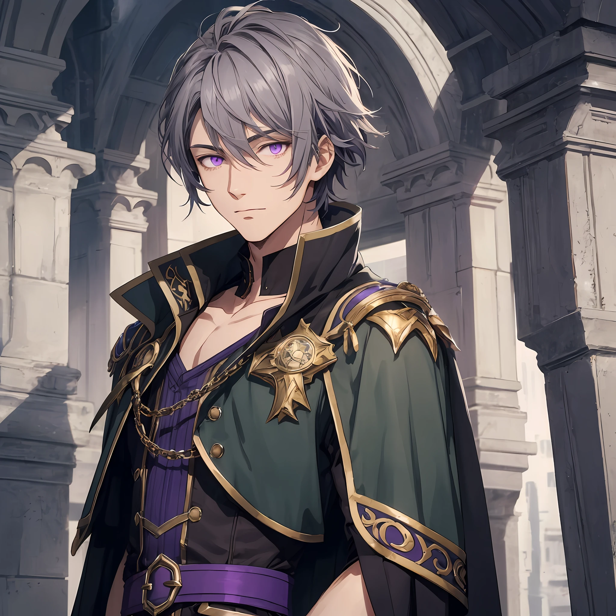 masterpiece, best quality, 1man, adult, male focus, solo, short hair, gray hair, vibrant purple eyes, looking at viewer, cape, High quality metal texture, overcoat, closed mouth, upper body, bangs, high collar,(kbxll:0.6), Fantasy aesthetics, Highly detailed, shadowverse style, black armor