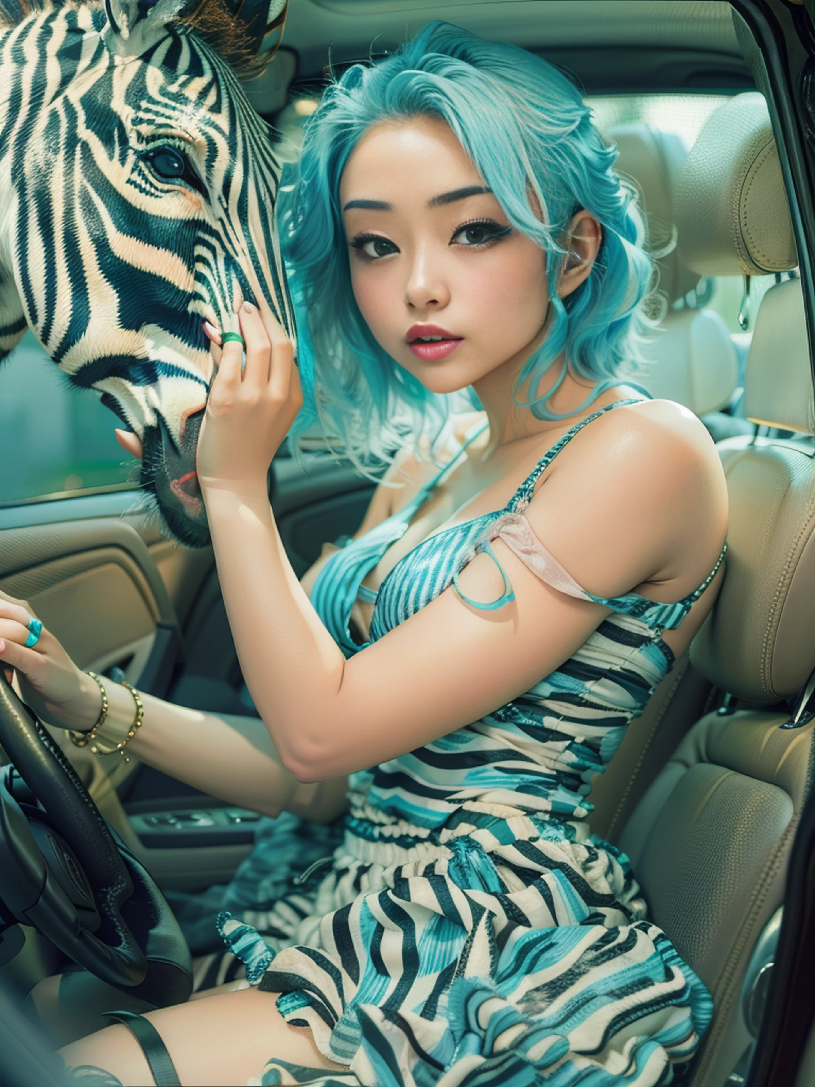 pastel \(Medium\), Blue hair, 1girl in, masutepiece, Arafe woman in zebra print dress sitting in car, A MILF, tiny black bra,