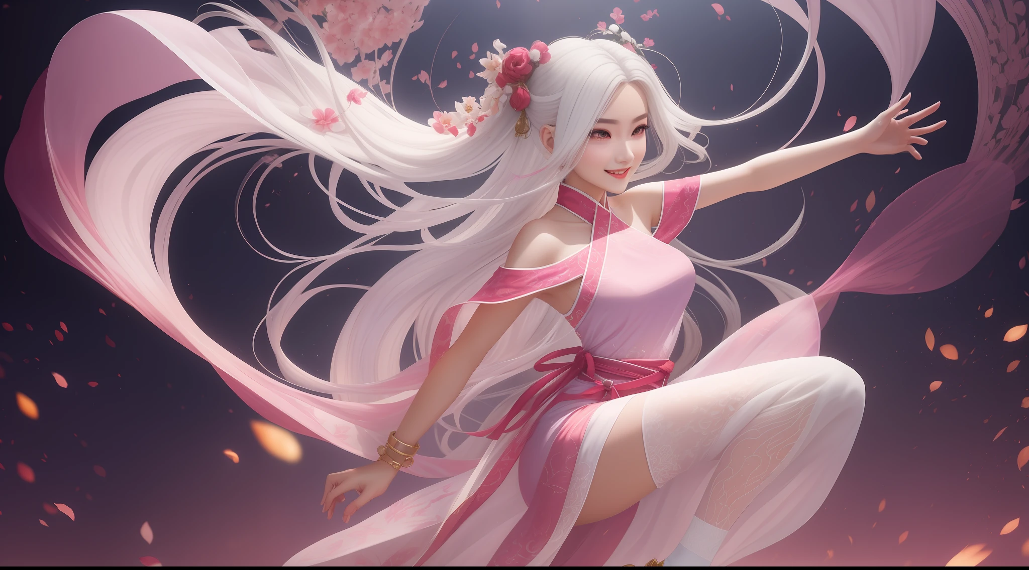 1 Hanfu Luoli, with a petite figure,
The bust is very small, with a slim body shape,
White clothes made of thin gauze (Hanfu), with exquisite patterns on the clothes, jewelry, and color matching of jewelry,
Perfect facial features, close-up of facial features, vivid eyes, natural facial expression, looking towards the audience,
Happy, confident, exquisite smile,
Glossy skin, perfect body proportions,
White hair, extra long hair, floating hair, floating hair,
Thighs and patterned jumpsuit socks, lace cut out jumpsuit socks, lace cut out socks,
The clothes have a hem,
Do not cover all legs with clothing, remove excess legs, remove excess hands, and remove excess feet,
The colorful glow of dawn, scene (distant view: 1.2),
It seems like dancing all the time,
Physical coordination,
The most beautiful image ever, 3D,
Animation effects, light and shadow effects, soft light, dynamic angles, perfect proportions,
Detail texture, (best quality), (masterpiece), super detail, high-resolution, high-quality,