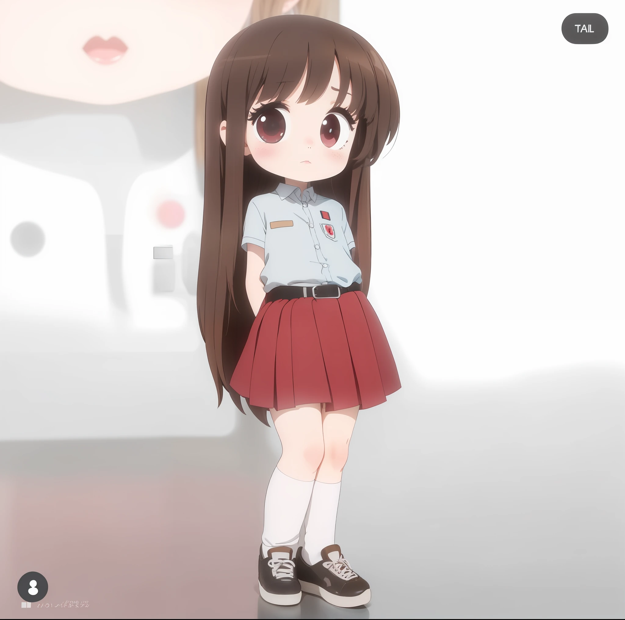 1girl, li, long brown hair, school uniform, white socks, black shoes, belt, short red skirt, cute face