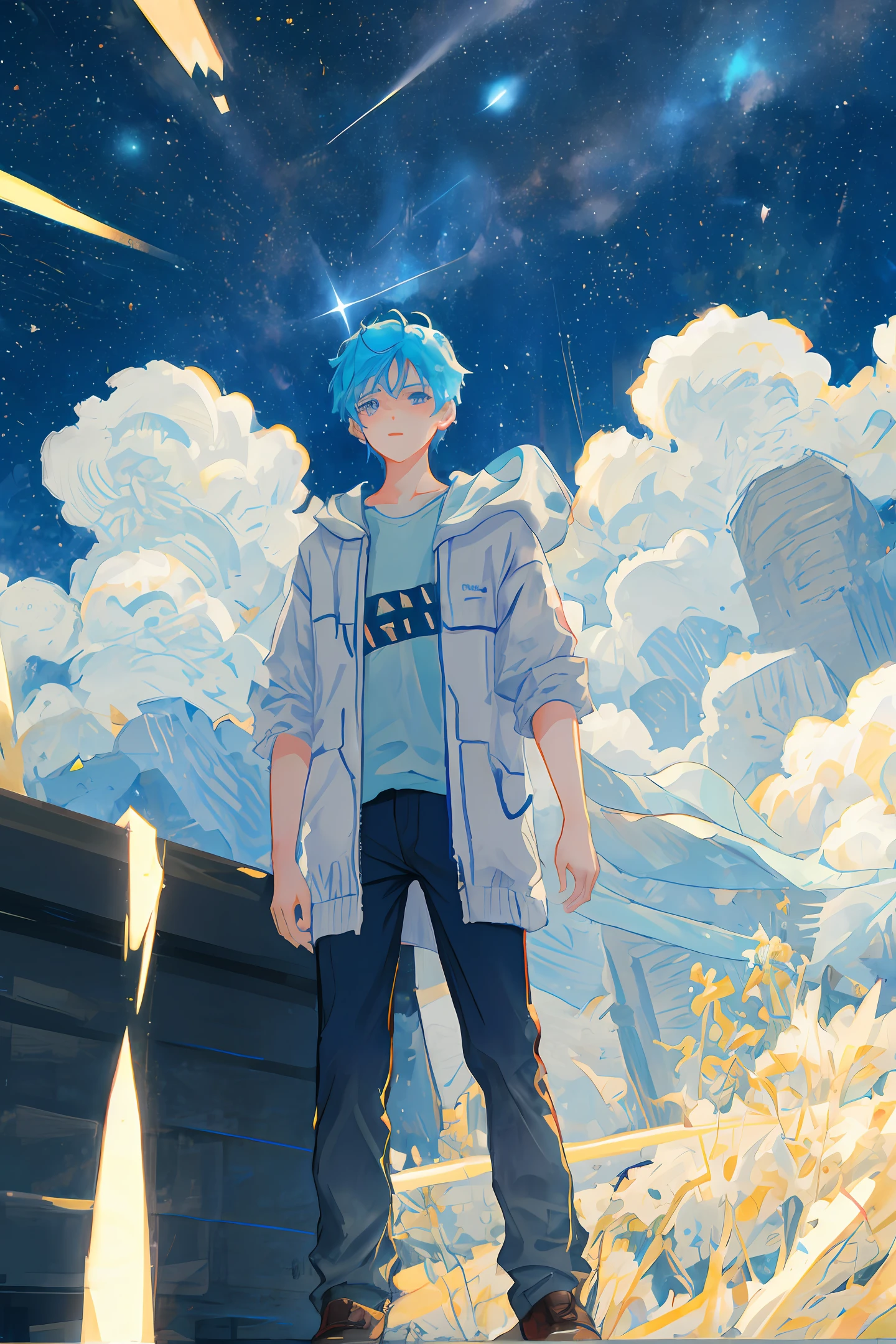 Cyberpunk background: A boy stands on the roof of a building looking at the night view