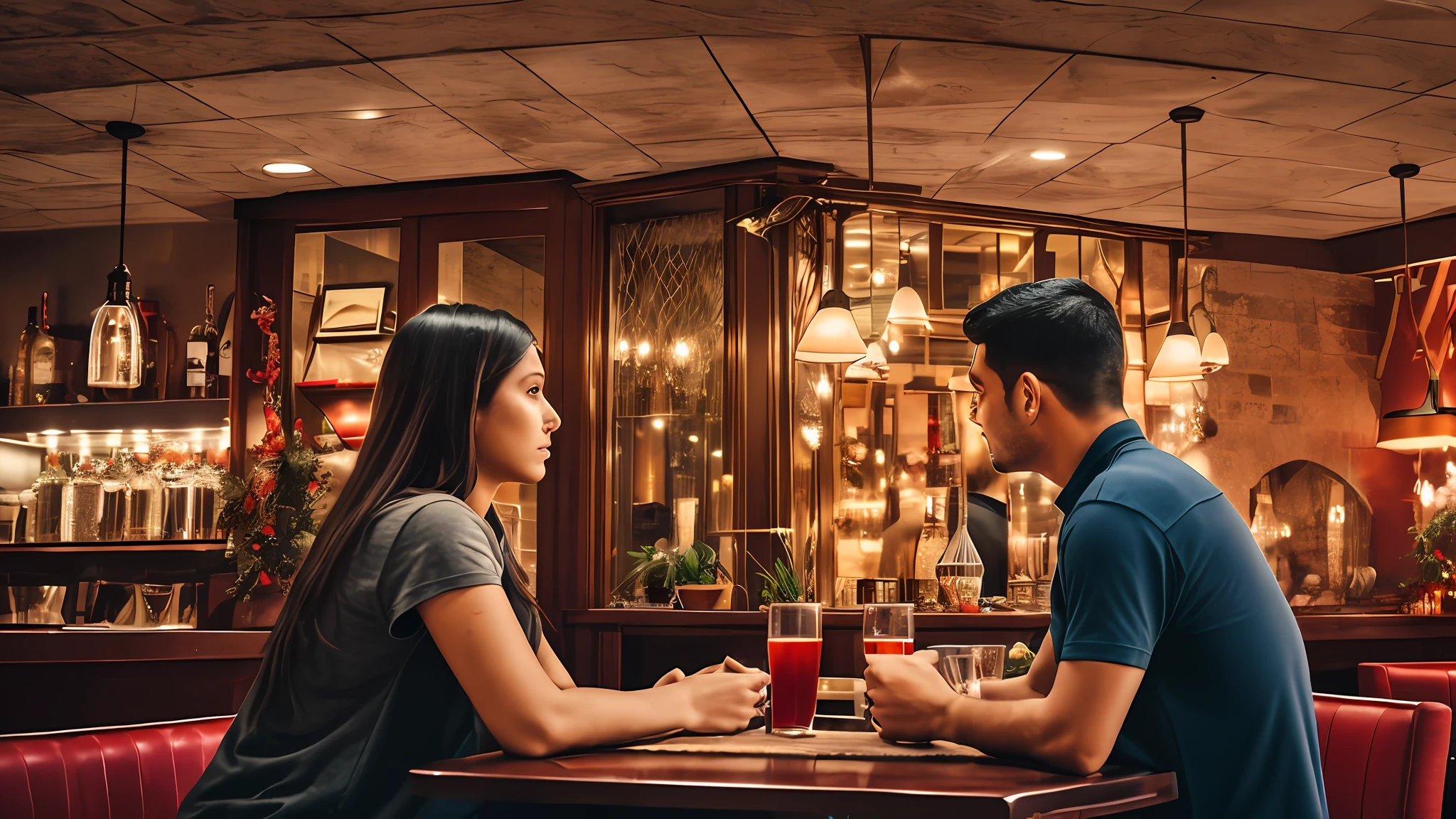people looking at each other in a restaurant, cinematic shot, fantasy, low saturation, vignette, [hdr] --auto --s2