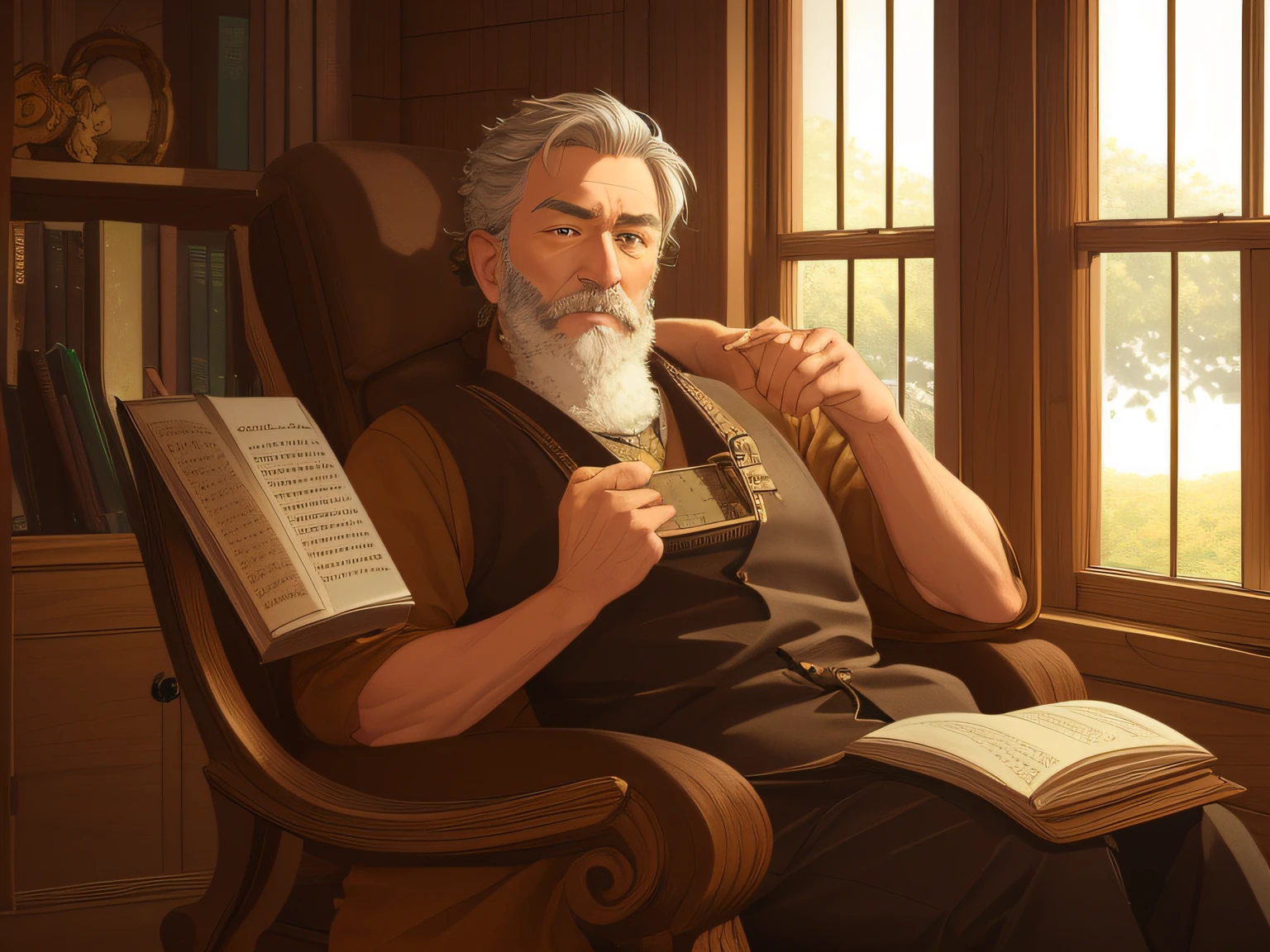 A close-up portrait of a wise-looking elder with a long white beard and kind, twinkling eyes. He is seated in a wooden chair with intricate carvings, with a leather-bound book resting on his lap. His hands are clasped together, and he seems lost in thought. In the background, there is a rustic stone fireplace with a roaring fire, casting a warm glow over the scene. The lighting is soft and warm, accentuating the gentle lines on his face. The overall emotion conveyed should be one of wisdom, serenity, and quiet contemplation.