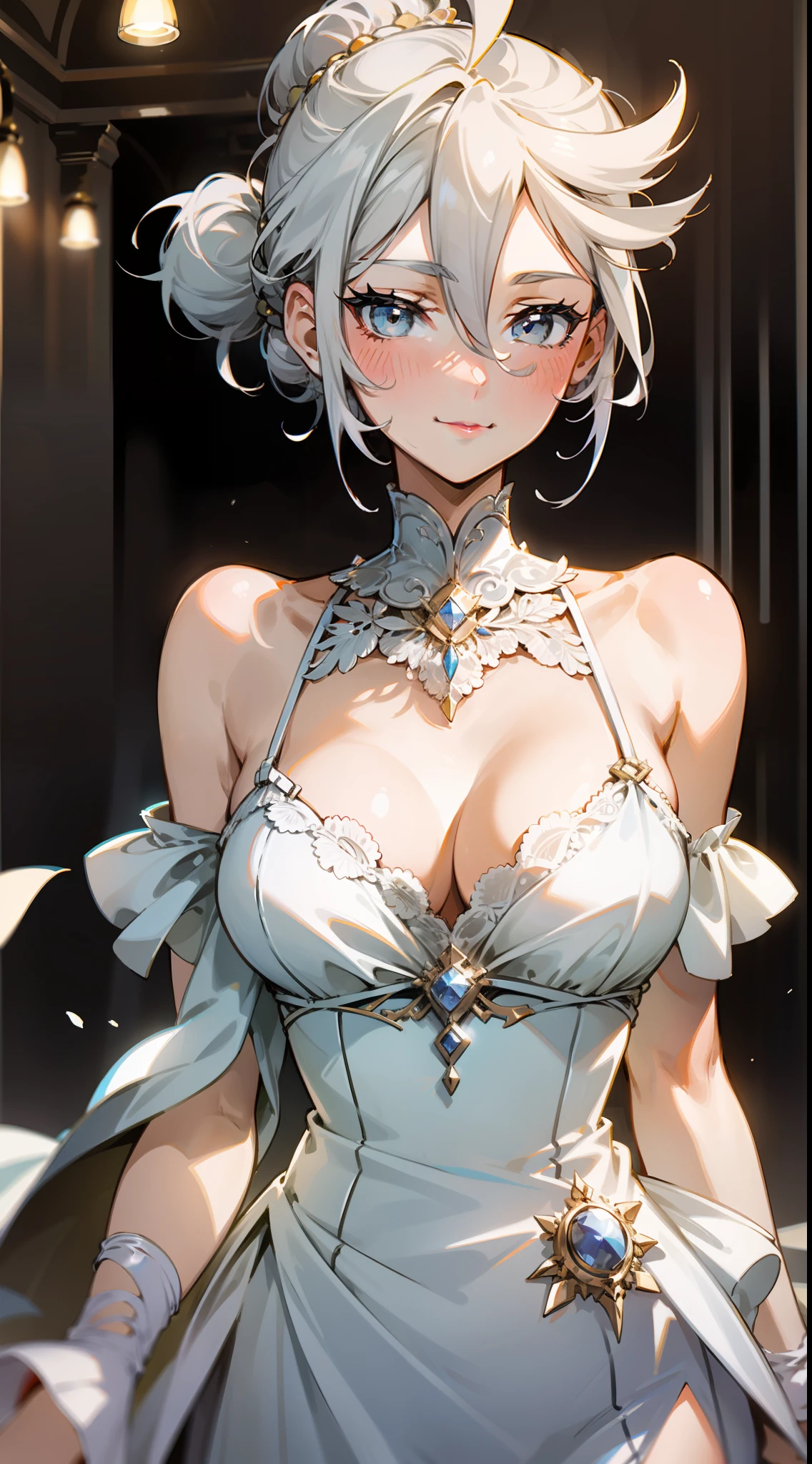 "Miorine a mature woman with a silver hair bun, wearing an intricate white party dress with open shoulders. She has a moderate bust, with cleavage visible. She is looking at the viewer, slightly lower, blushing and giving a shy smile. background ballroom"