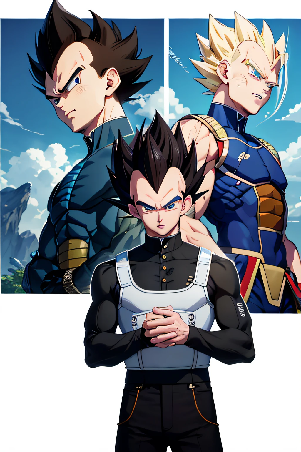 （tmasterpiece，best qualtiy：1.2），独奏，malefocus，1boys，Vegeta，serious，looking at viewert，Black spiked hair，Black eyes，armour，Thunderstorm background，SuperSaiyan，wounded，Clothes are torn